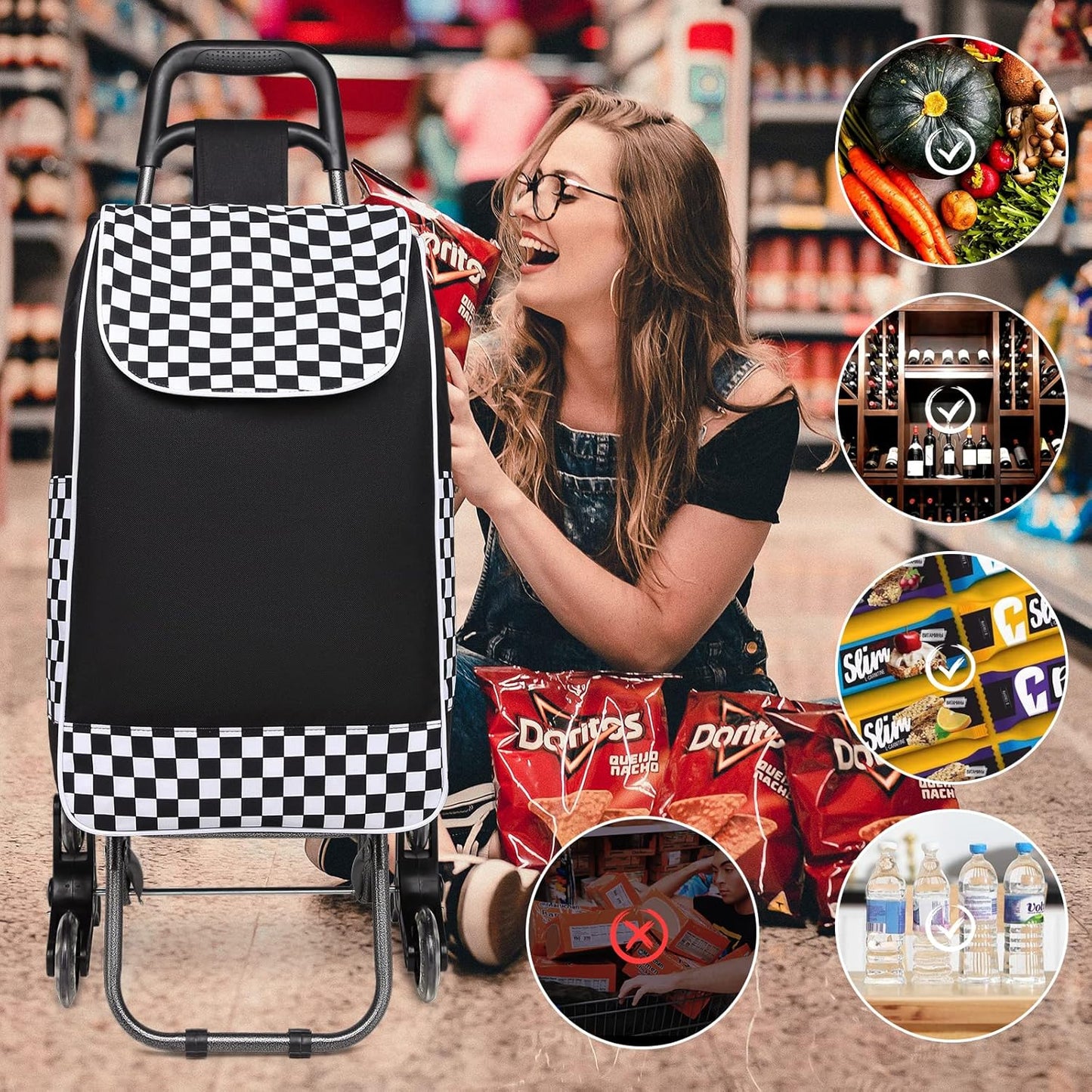 Klappbarer Treppensteiger-Einkaufstrolley mit abnehmbarer Tasche, Schwarz
