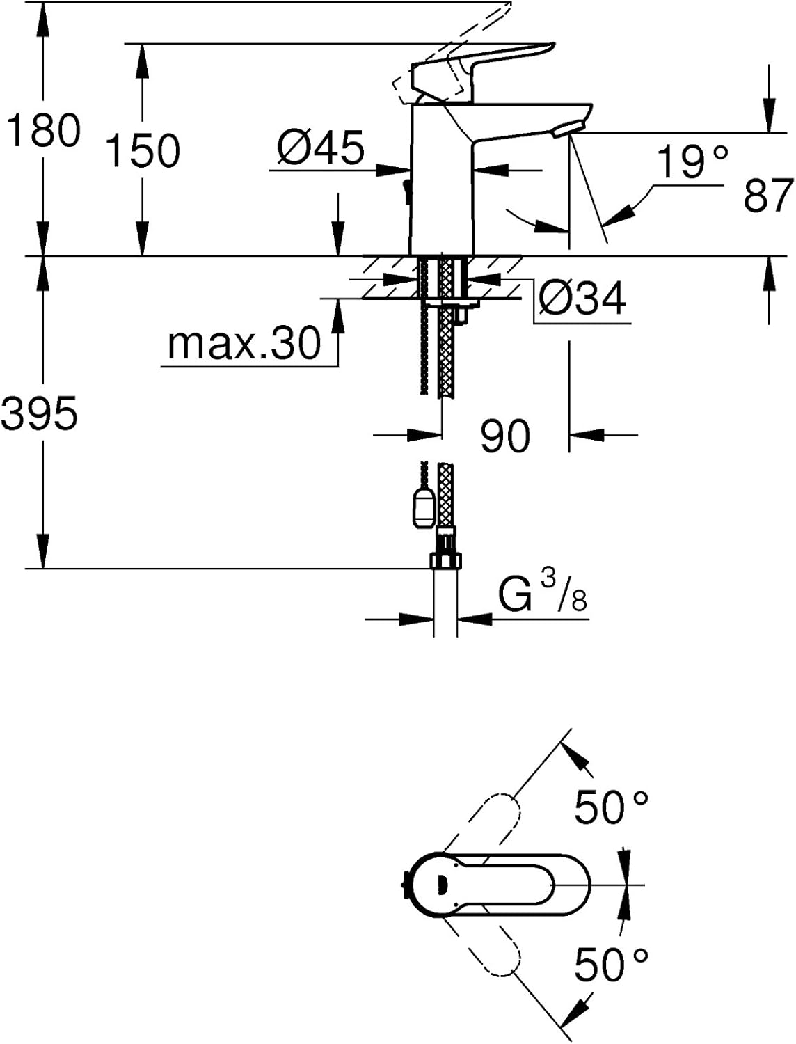 Einhand-Waschtischbatterie BauEdge, Chrom S-Size Versenkbare Kette