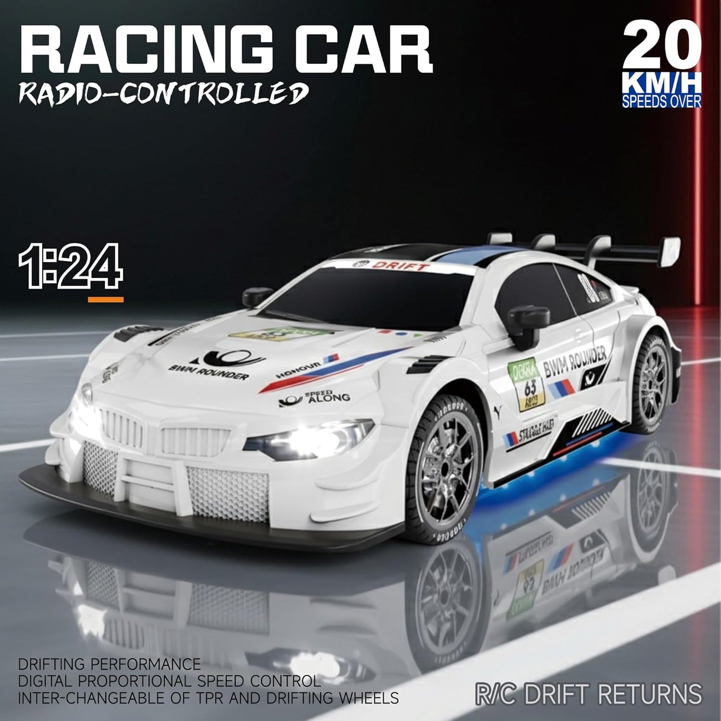 RC Drift Auto 4WD 1:24 mit LED-Leuchten, 9201-weiss