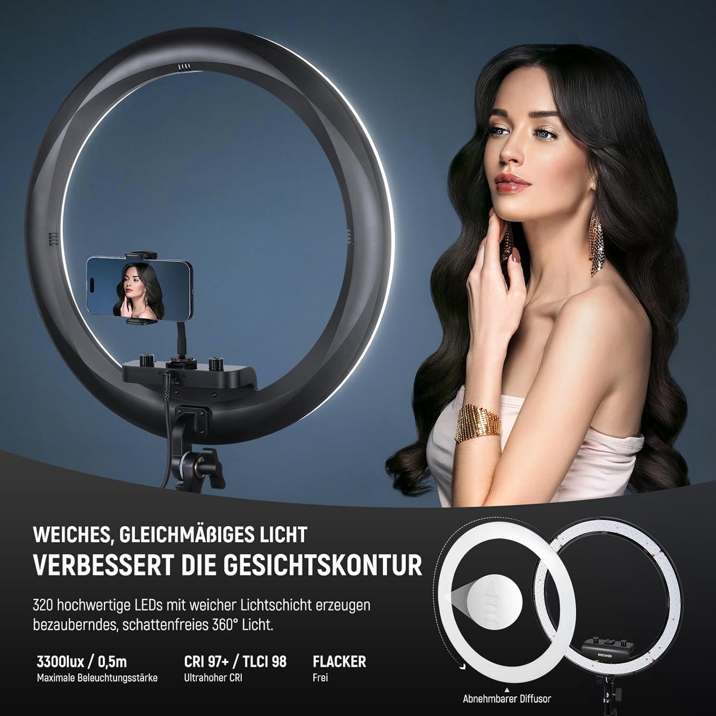 Ringlicht RP18B Pro mit Stativ und Handyhalterung, RP18B Pro mit Reinigungstuch