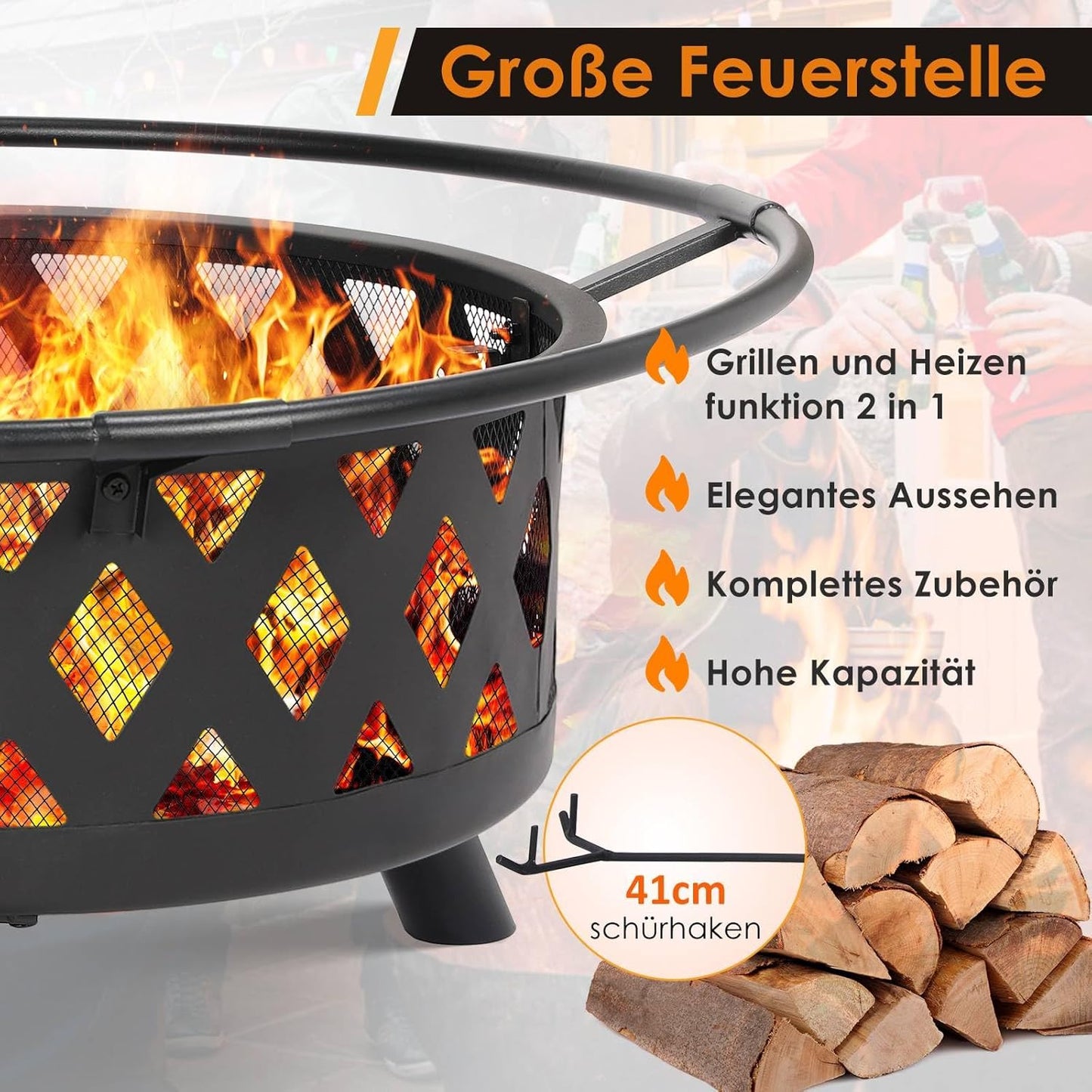 Feuerschale mit Funkenschutz & Grillrost, Ø 80cm