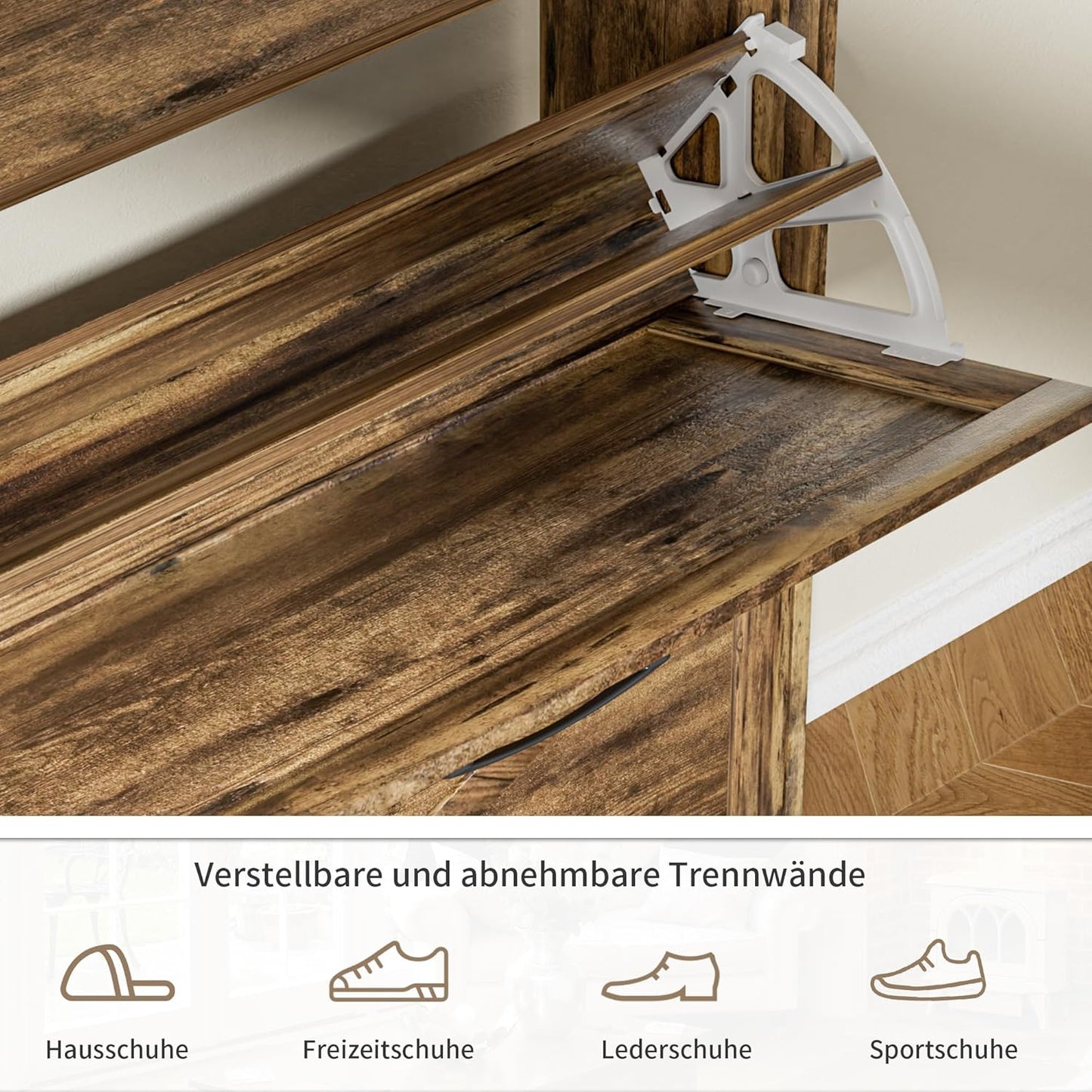 Schmaler Schuhschrank mit 2 Klappen und 4 Ablagen, Braun
