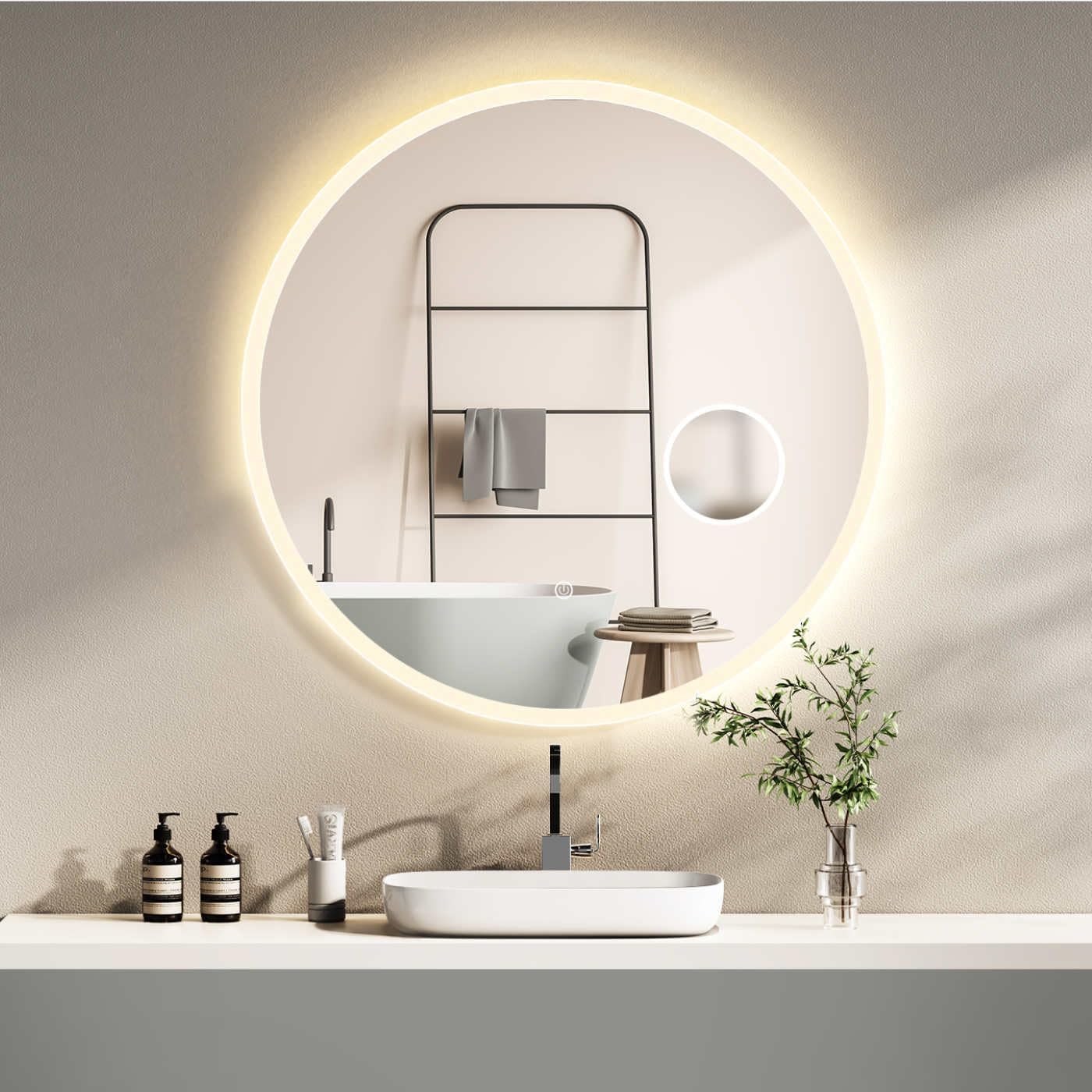 Runder LED-Badspiegel mit Kosmetikspiegel (80 cm), 80L x 80B cm Rund mit Kosmetikspiegel