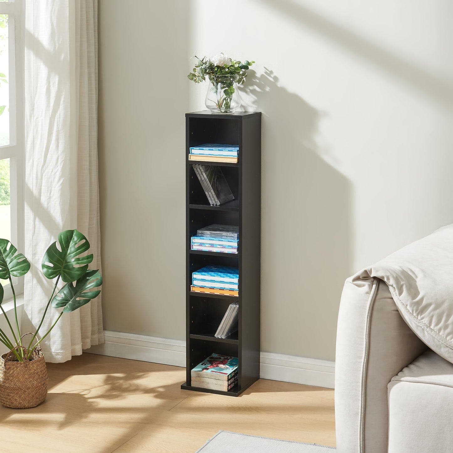 Regal für CDs und DVDs mit 6 Fächern, Schwarz 90 x 20 x 20 cm