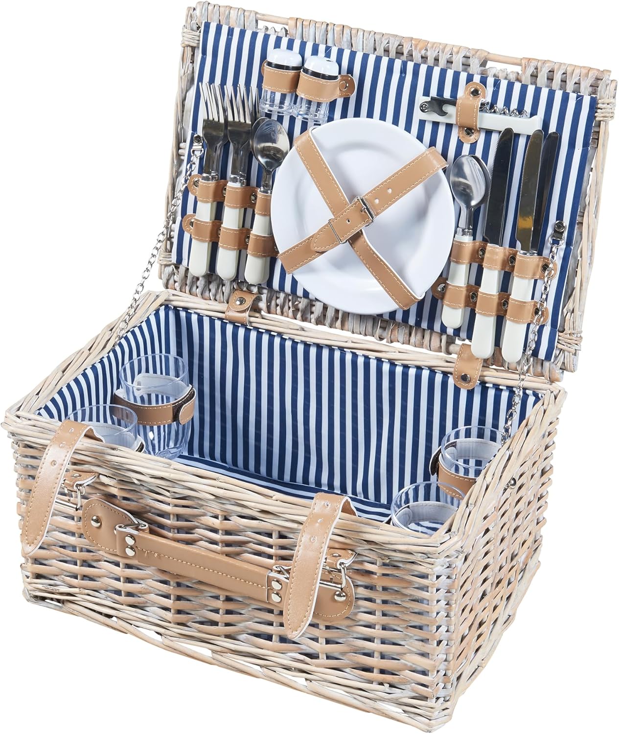 Picknickkorb Lumparland für 4 Personen, Weiß / Blau 42 x 28 x 20 cm