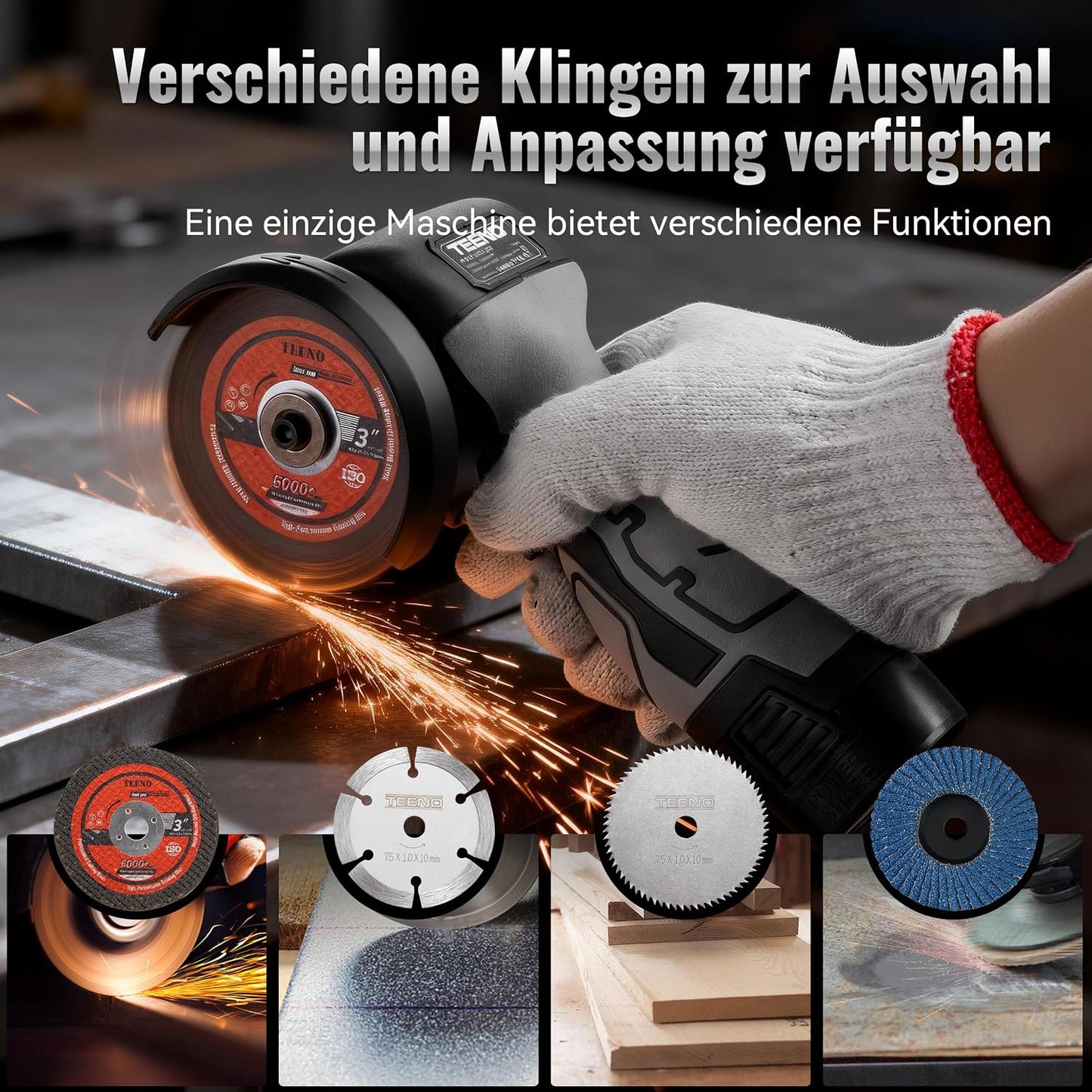 Kabelloser Winkelschleifer T-3608 mit 2 Akkus und 6 Scheiben, Grauer Winkelschleifer