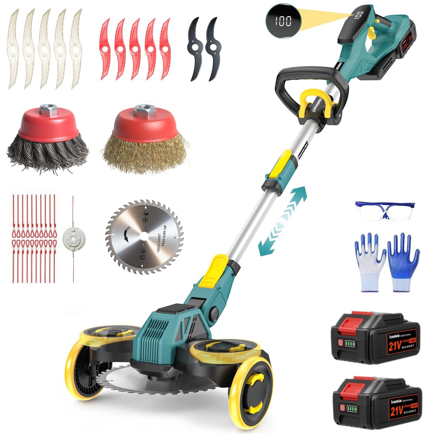 5-in-1 Akku-Rasentrimmer mit Unkrautbürste und Freischneider, Blau