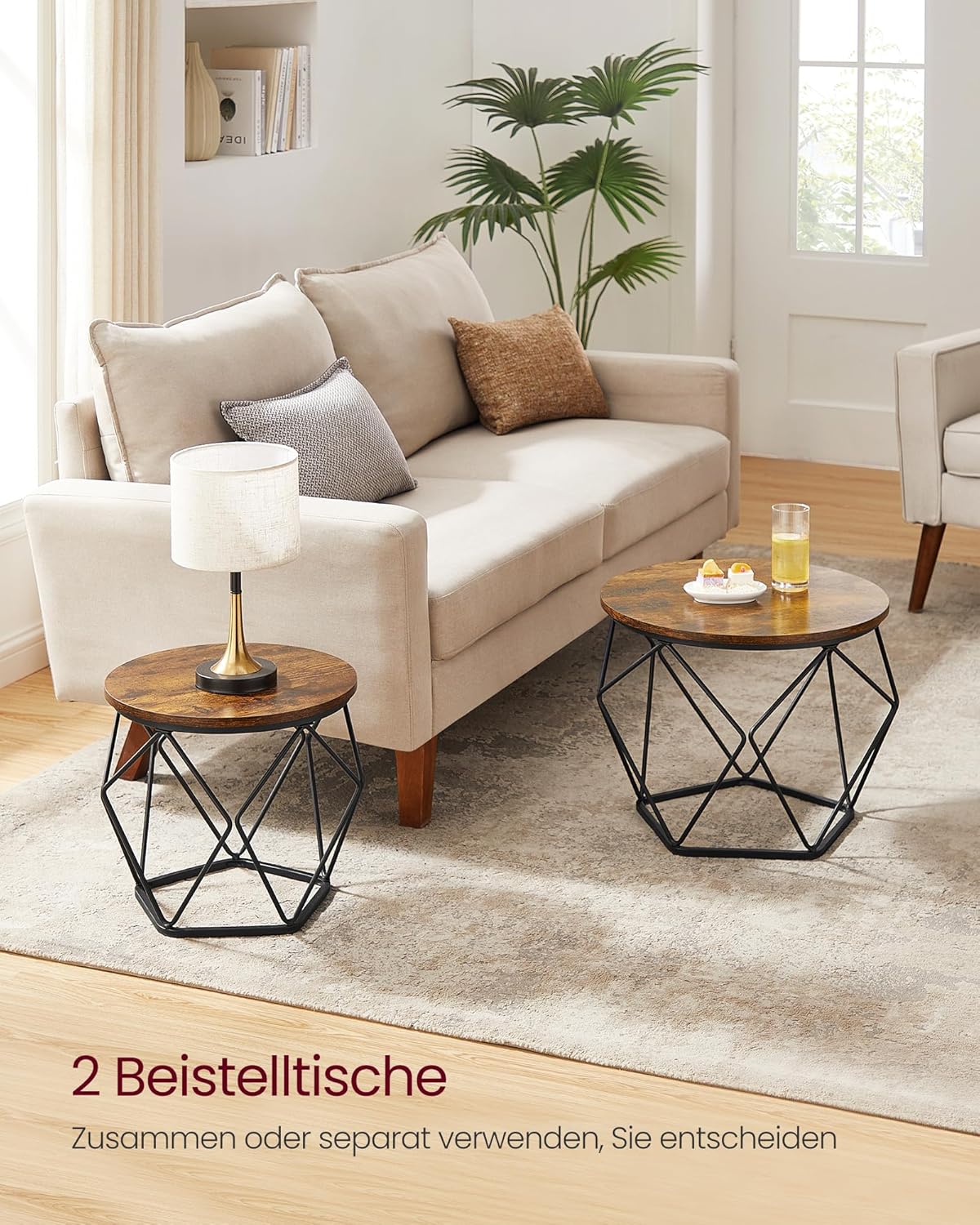 Runder Couchtisch im 2er Set, Vintage-Design, (60d x 45H) cm+(50d x 40H) cm Vintagebraun + Tintenschwarz