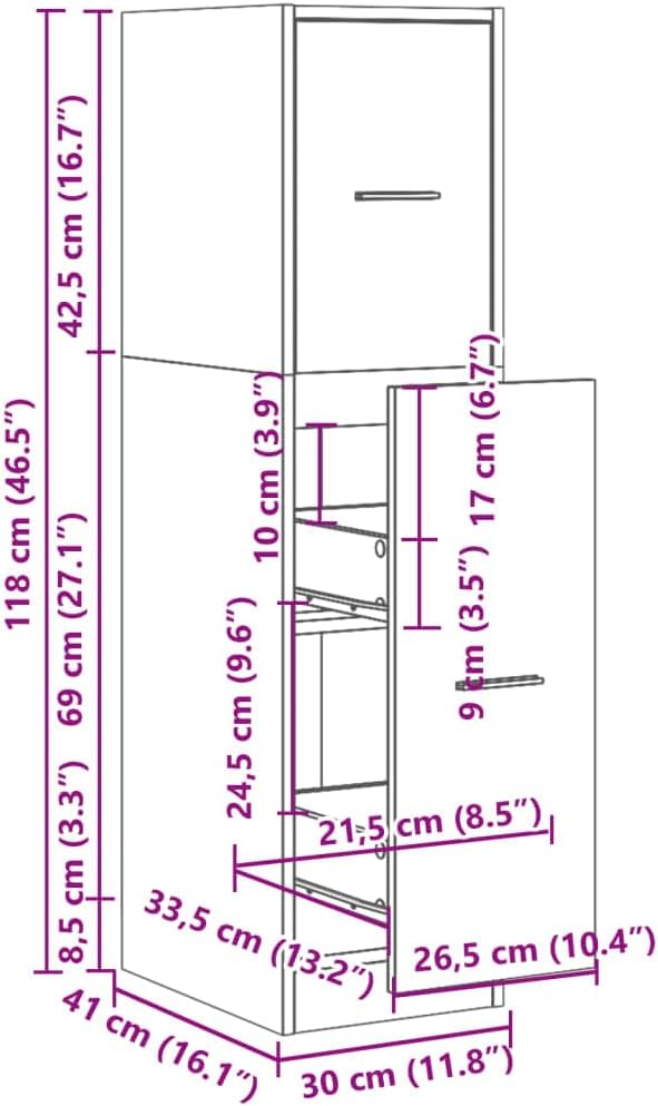 Apothekerschrank mit Ausziehfächern 30x41x118 cm, Betongrau 30 x 41 x 118 cm