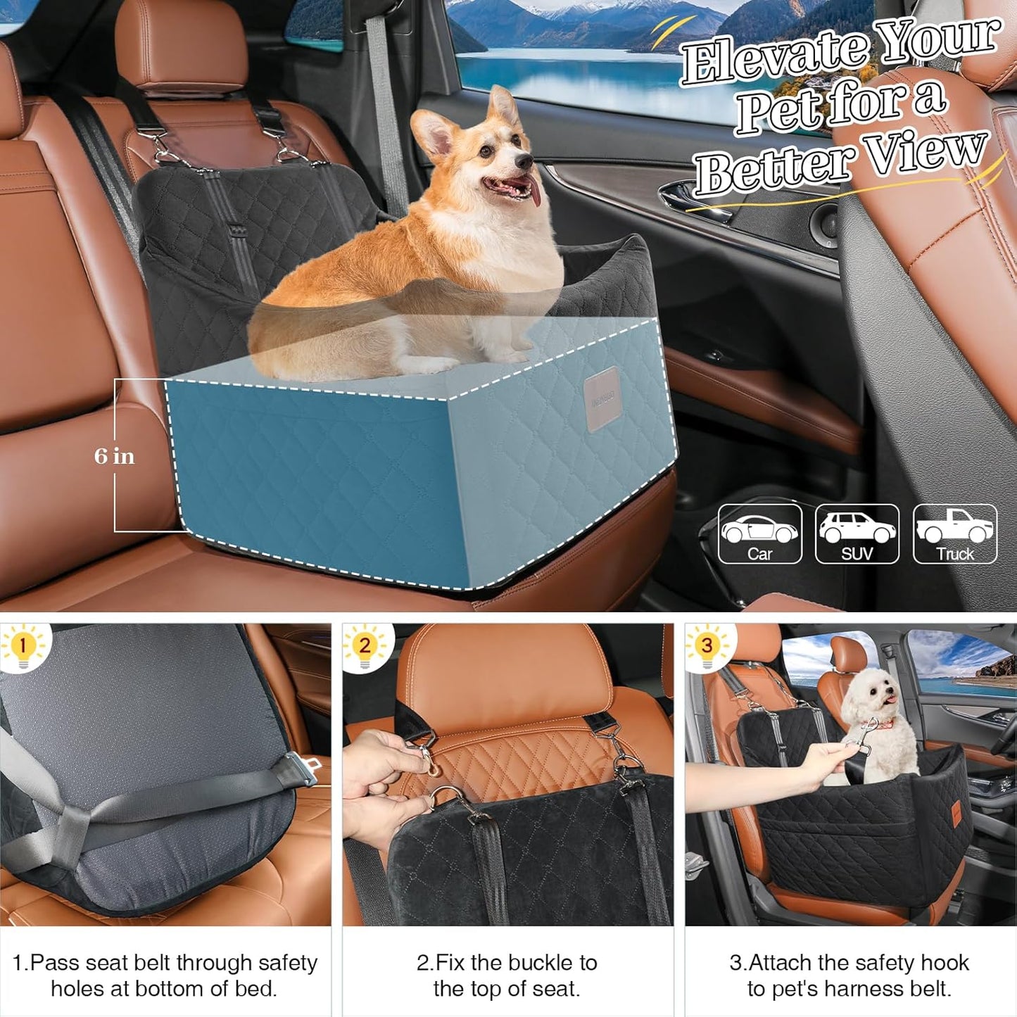 Hundeautositz mit Sicherheitsleine, Schwarz Mittel