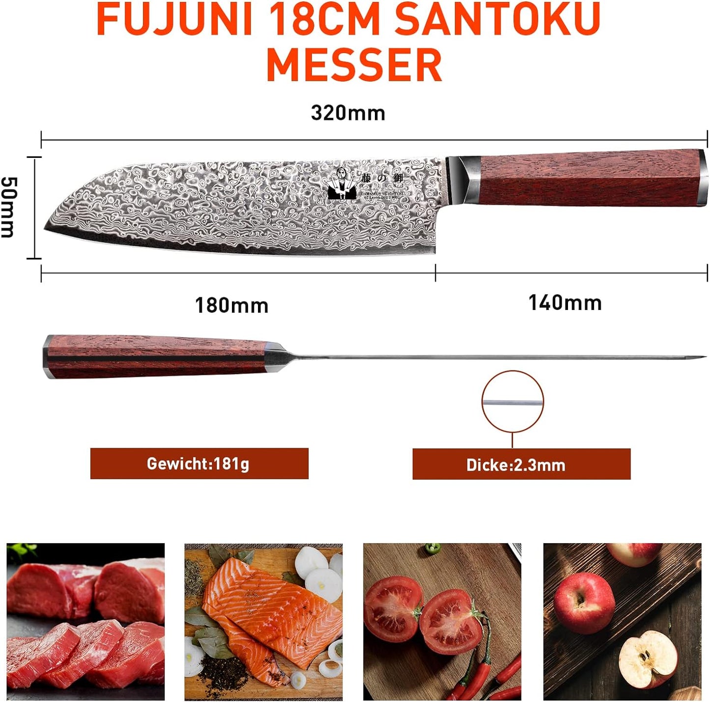 Damastmesser, 18cm Santoku Messer