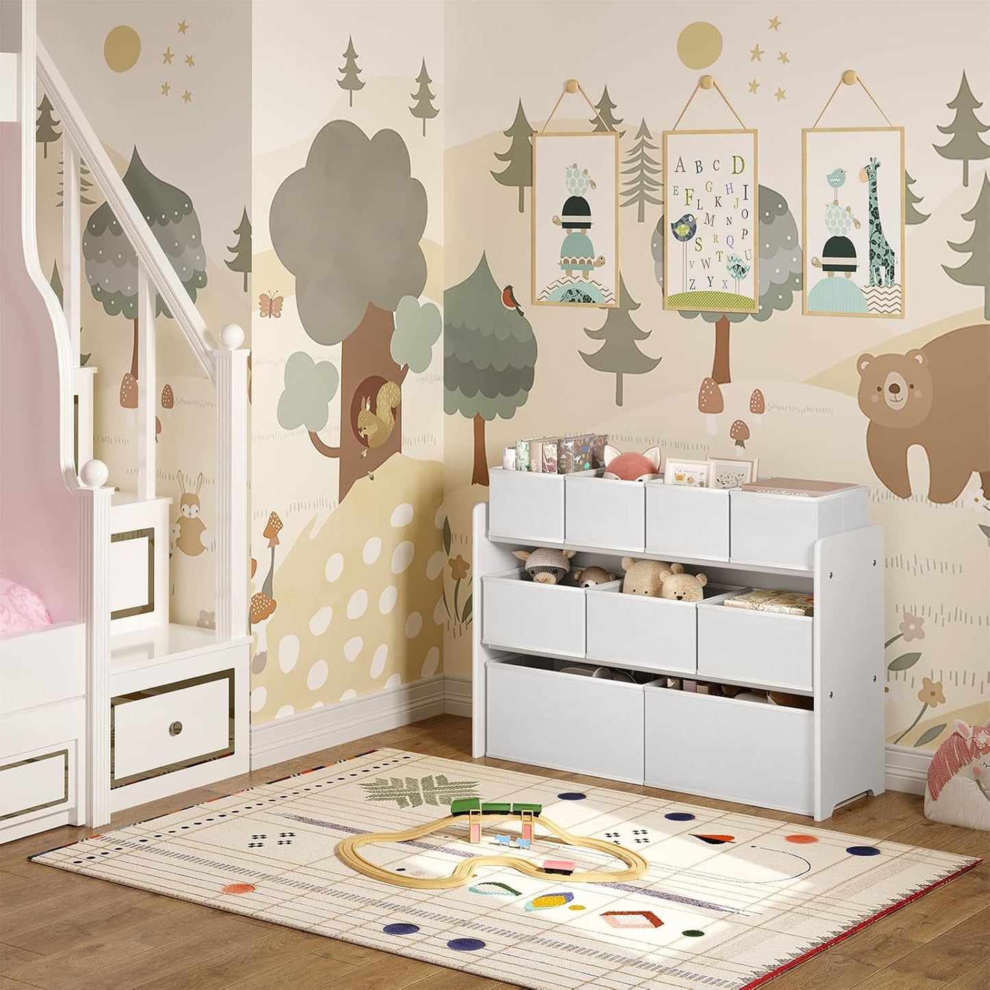 Kinder-Aufbewahrungsregal mit 9 Boxen, Weiß 92x30x60/68cm