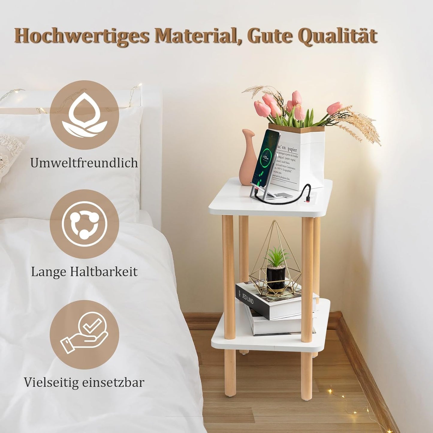 Beistelltisch mit Ladestation, 2 Ebenen Weiß