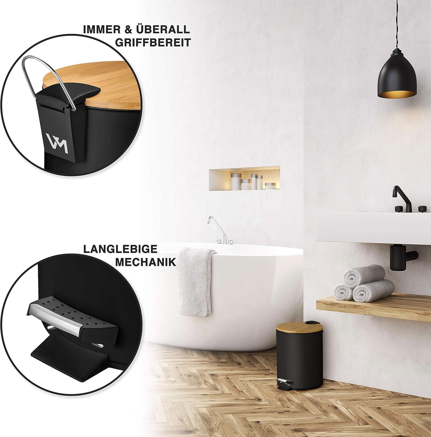 Kosmetikeimer mit Soft-Close und Bambusdeckel, Schwarz Matt 5L