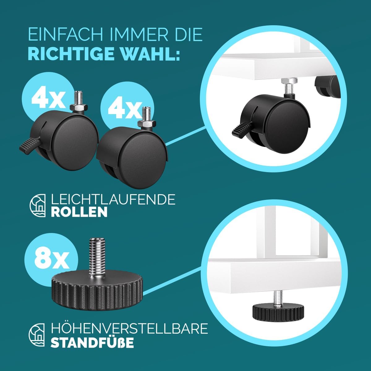 2er-Set Beistelltisch mit Rollen, 2x Weiß/Eiche