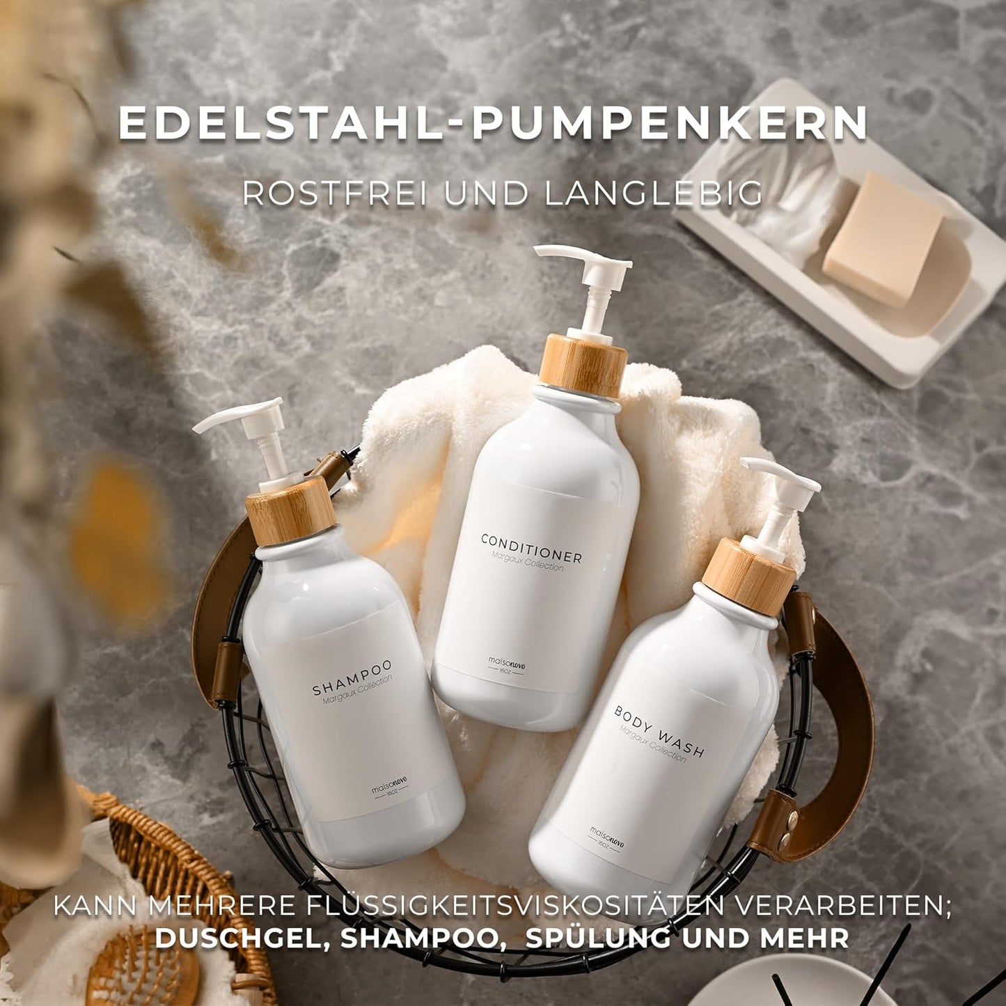 3er-Set Shampooflaschen zum Befüllen, Weisser Bambus 3er-set