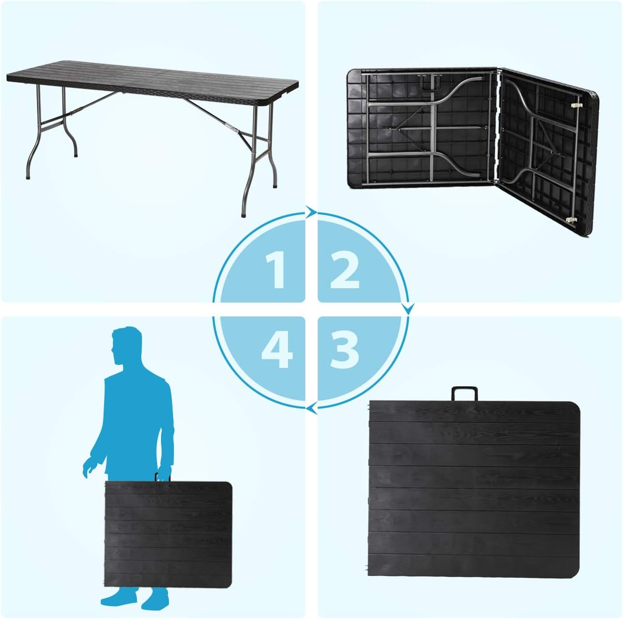 Klapptisch wetterfest für 6 Personen, Schwarz/Holzoptik 150cm