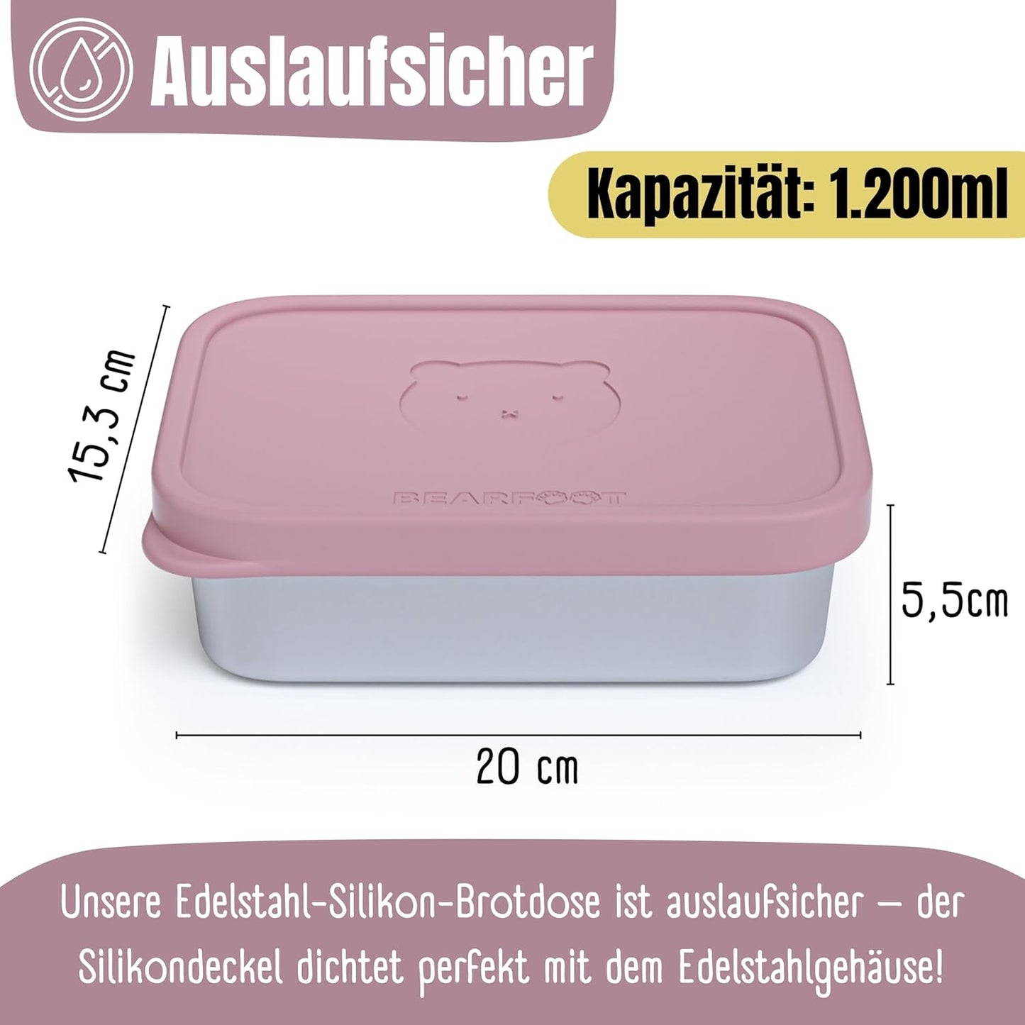 Brotdose mit Silikondeckel, Rosa 1.200ml