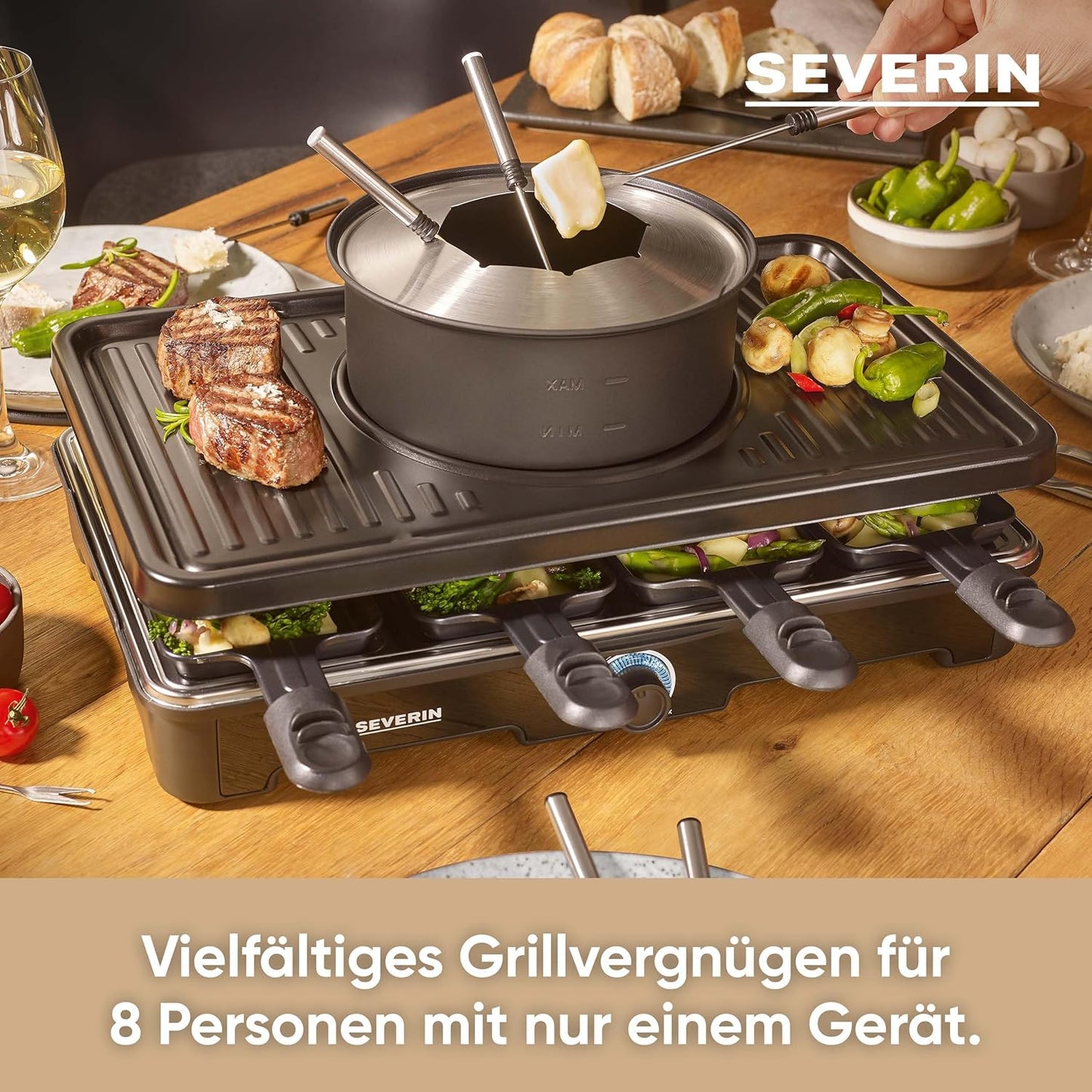 2-in-1 Raclette-Fondue-Kombination für 8 Personen, NEU Black Line