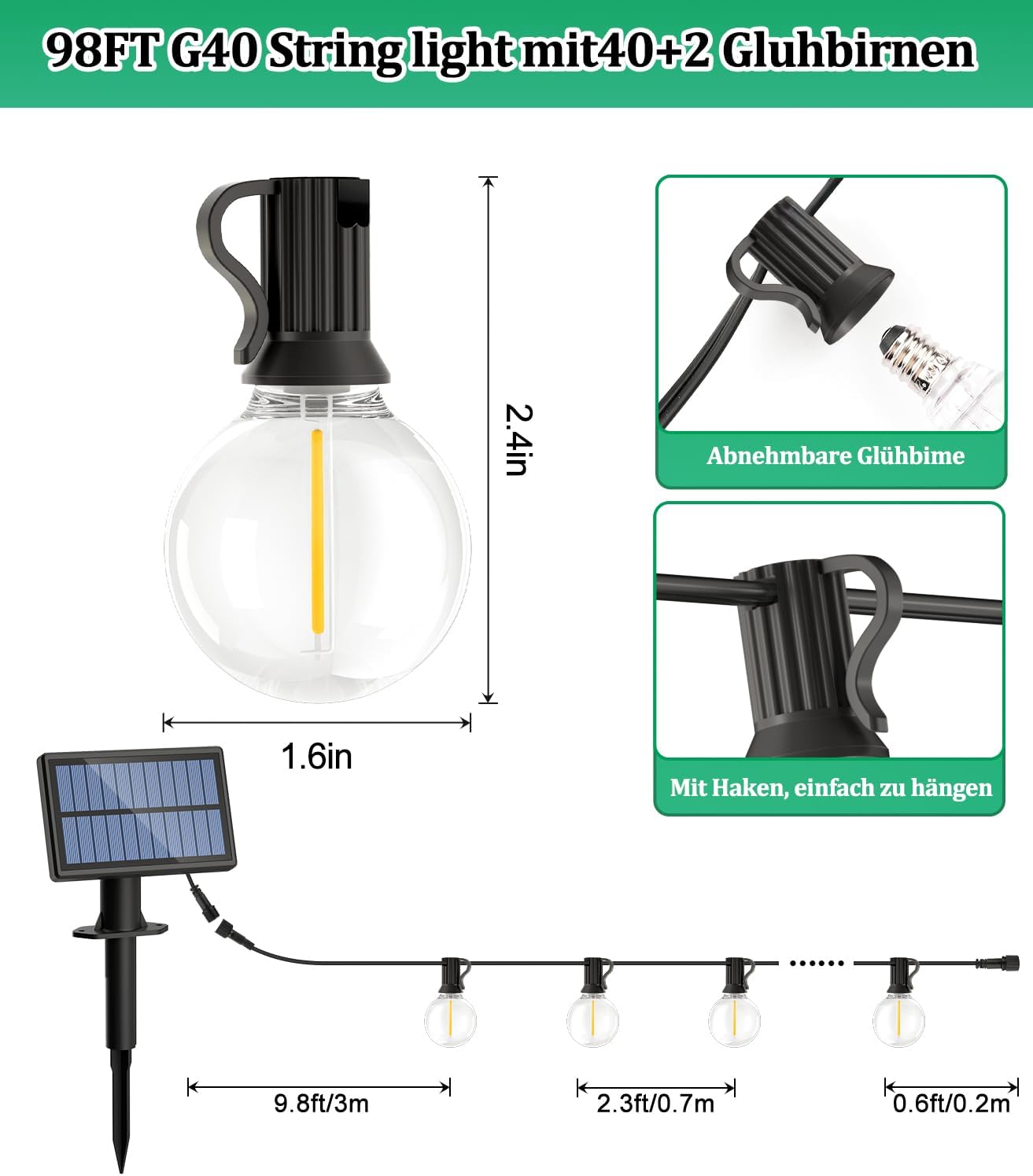 Solar G40 LED Lichterkette mit Fernbedienung, 30M-Solarenergie