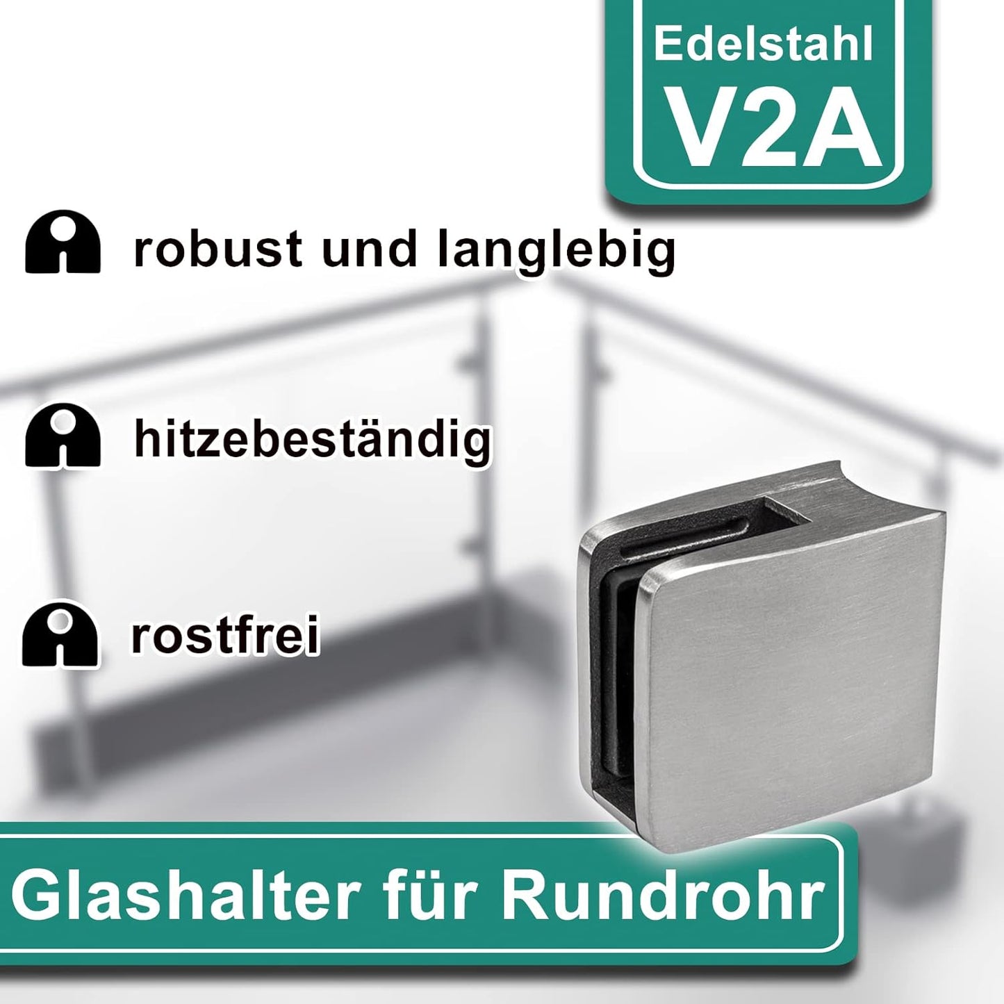 4-teiliges Glashalter-Set mit Sicherungsplatte, Anschluss: 42,4 mm | Glasdicke: 10 mm