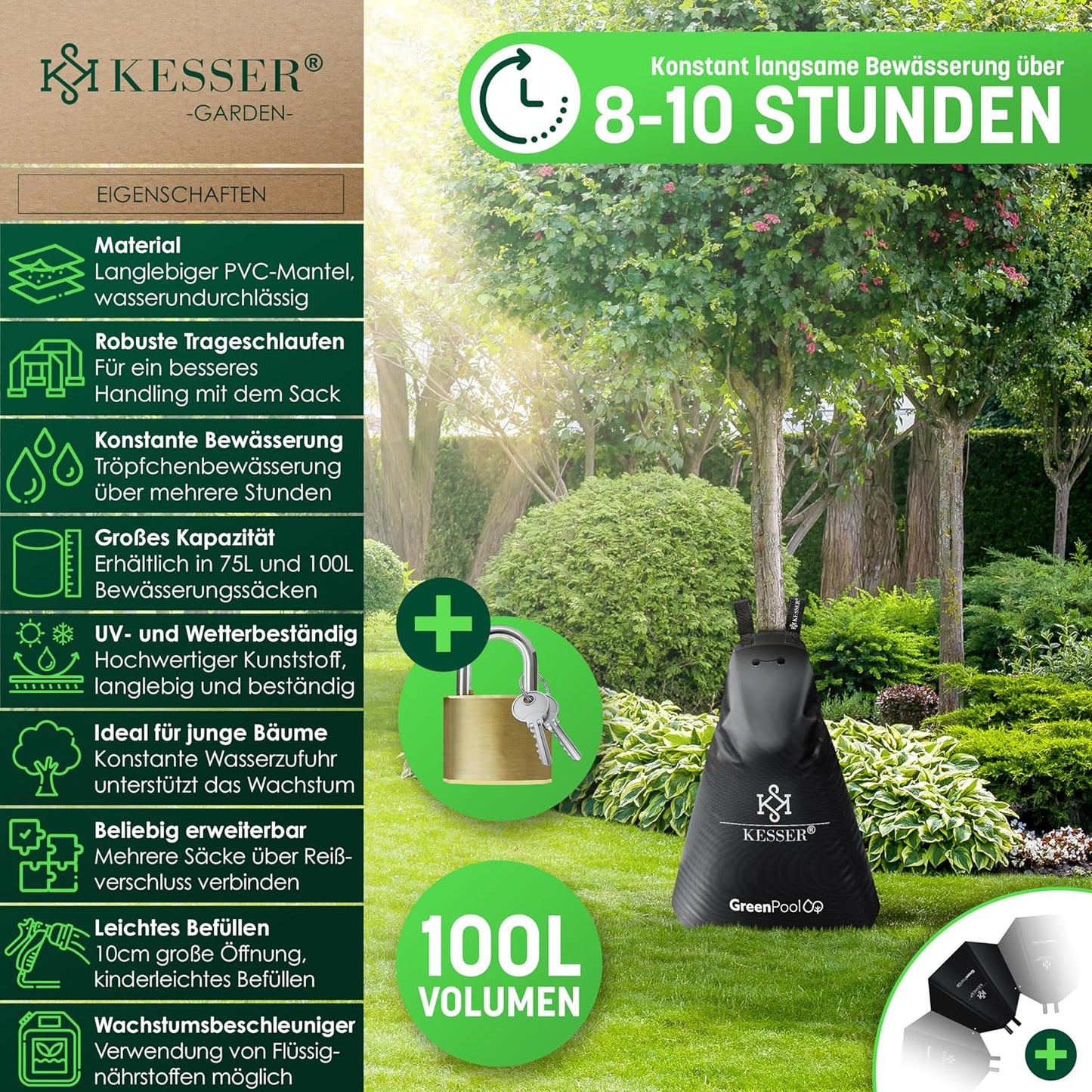 Baumbewässerungssack-Set mit Diebstahlschutz, 100 Liter 8er Set Schwarz