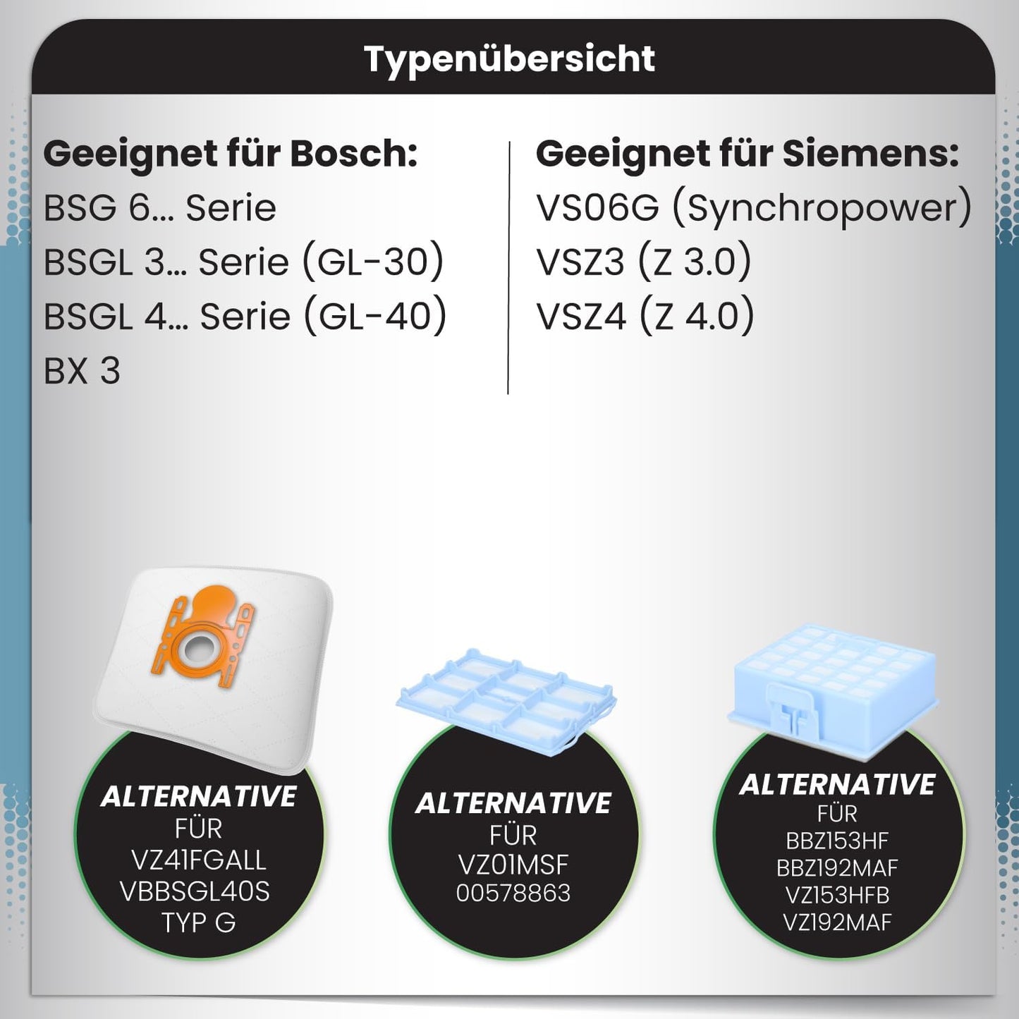 Staubsaugerbeutel für Bosch/Siemens, kompatibel mit Bosch BSG6/Siemens VS06G