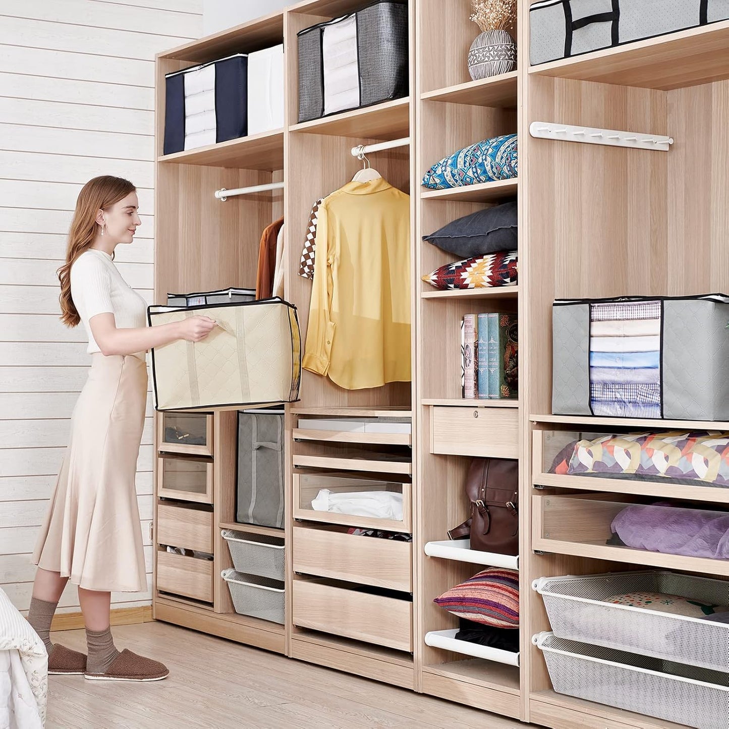 10-teiliges Aufbewahrungstaschen-Set für Kleidung, 90L x 10 Beige