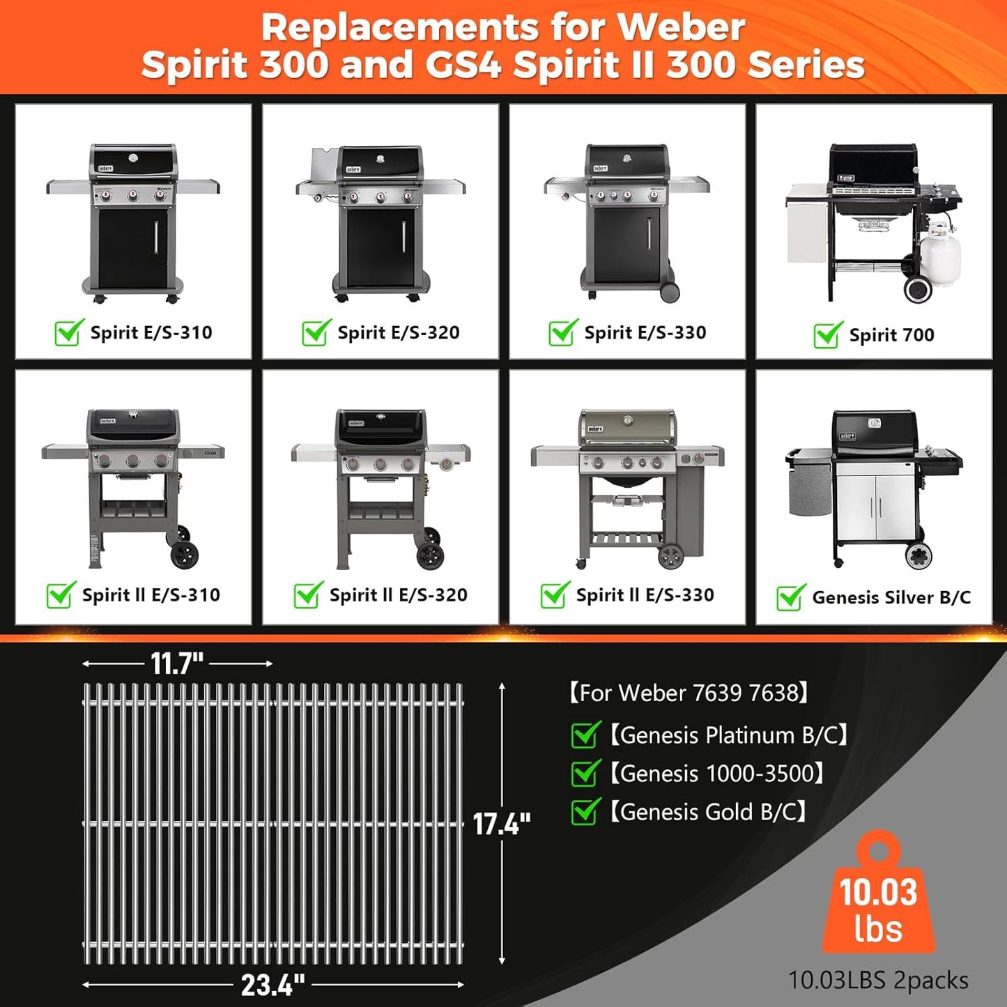 Grillrost für Weber Spirit, 7mm Stainless Steel for Spirit 300
