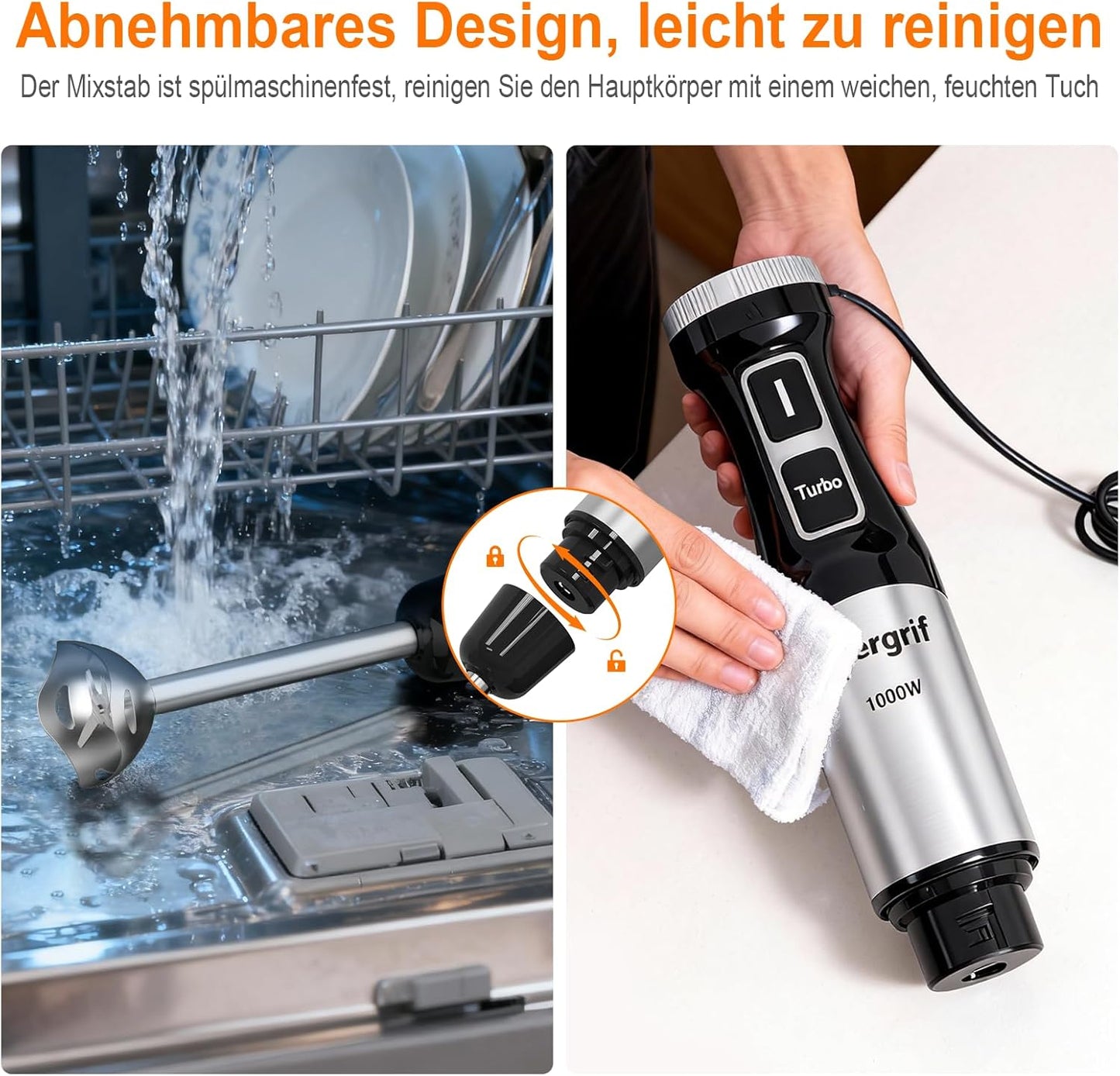Stabmixer mit stufenloser Geschwindigkeitsregelung, 6.5 cm (L) x 6.5 cm (l) x 40.5 cm (H) Schwarz/Silber