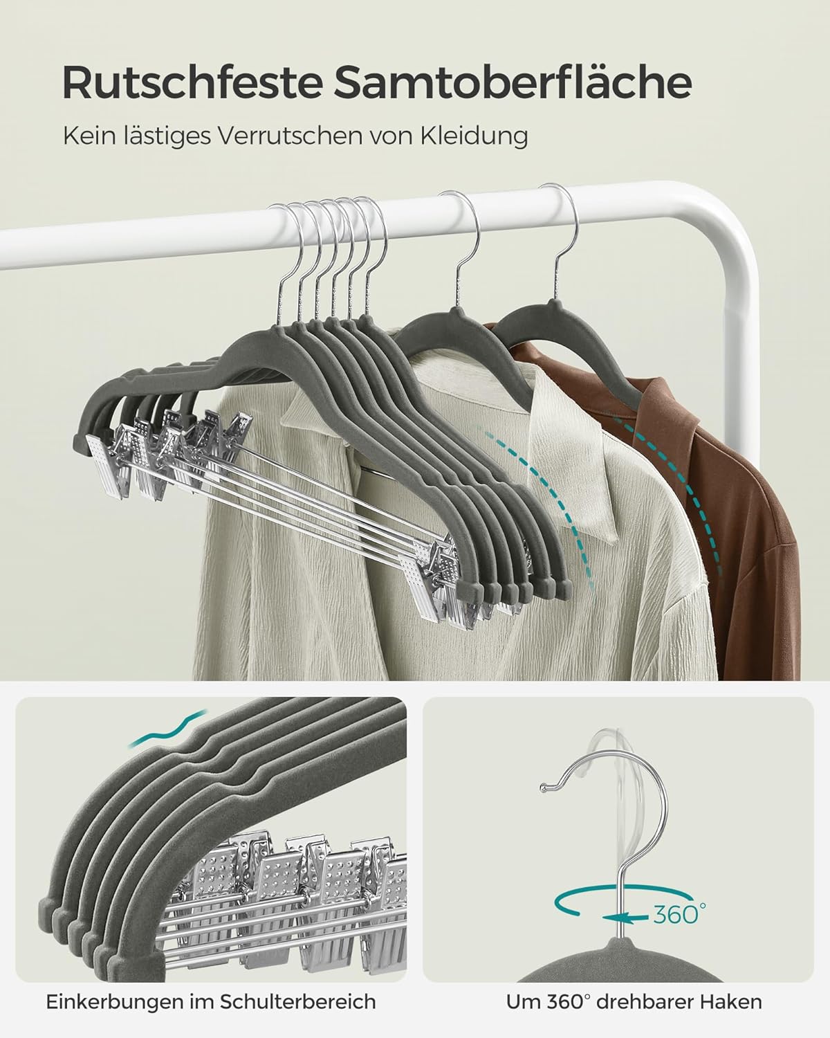 20er-Set Samt-Kleiderbügel mit Clips, Grau 20 Stück