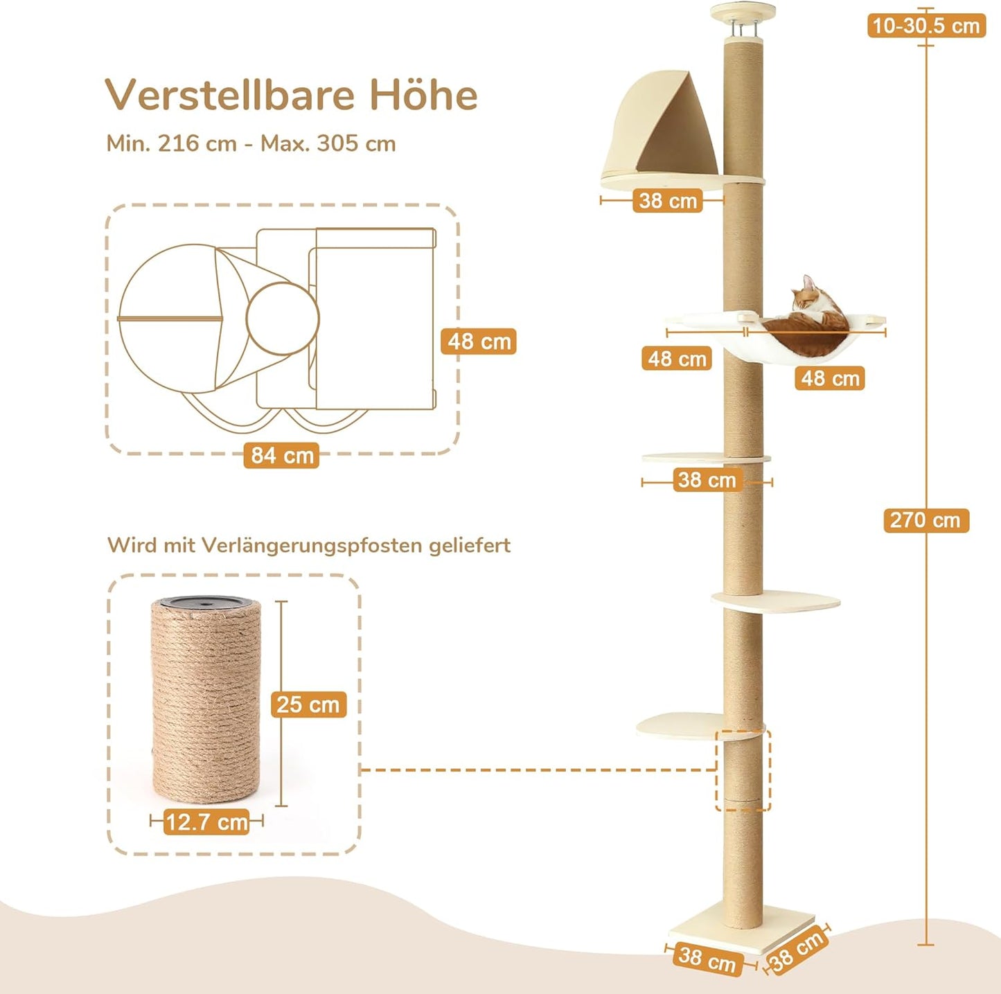 6-Etagen Kratzbaum mit Hängematte und Versteckzelt, höhenverstellbar, beige (282-305cm)