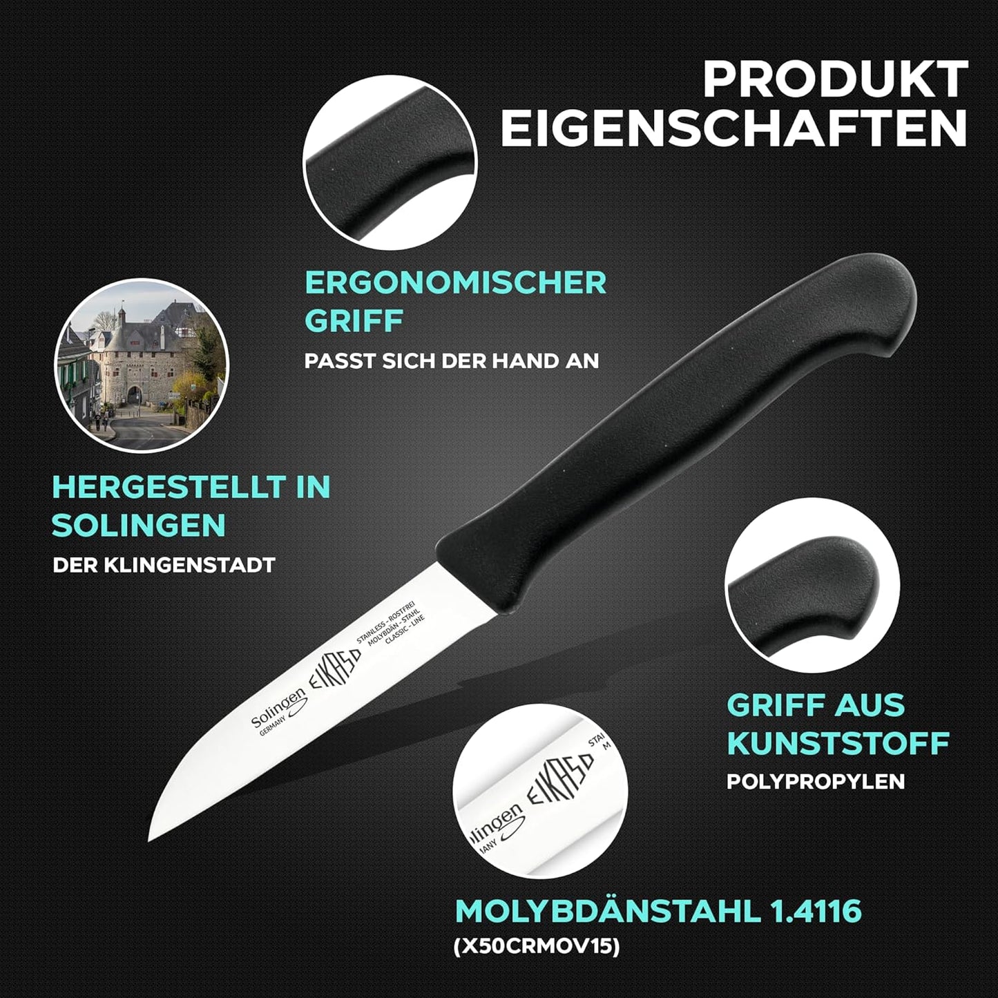 3-teiliges Gemüsemesser-Set, Schwarz