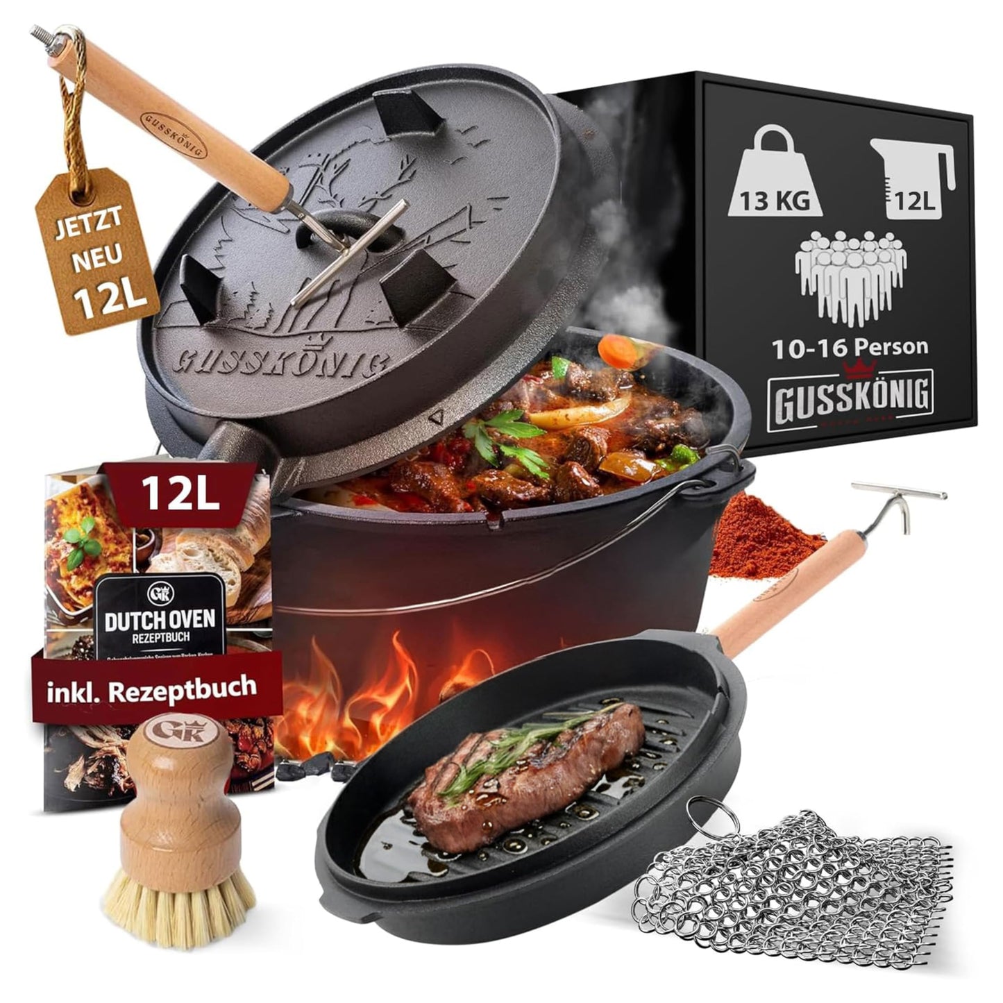 Dutch Oven Set mit Zubehör, Schwarz mit Füsse + Ringreiniger 12 Liter