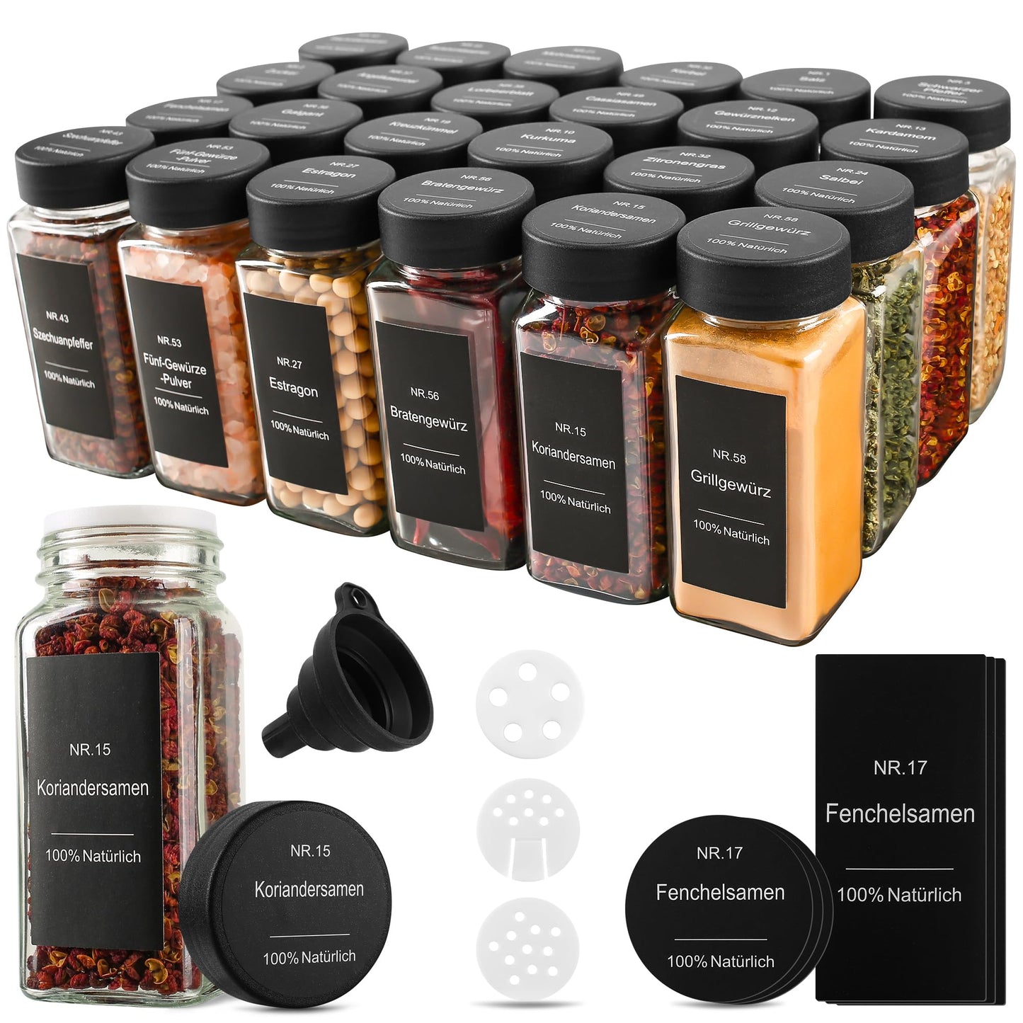 24-teiliges Gewürzgläser-Set mit Streueinsätzen, Etiketten und Deckeln