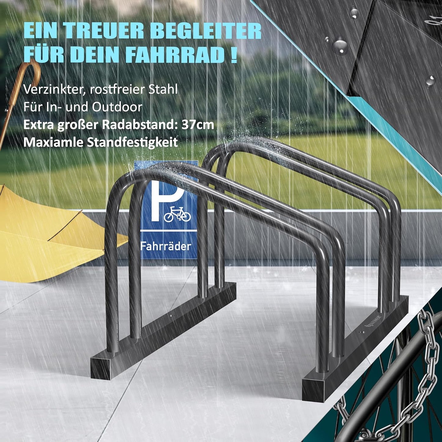 Erweiterbarer Fahrradständer für 2 Fahrräder inkl. Parkschild, Schwarz 2 Fahrräder