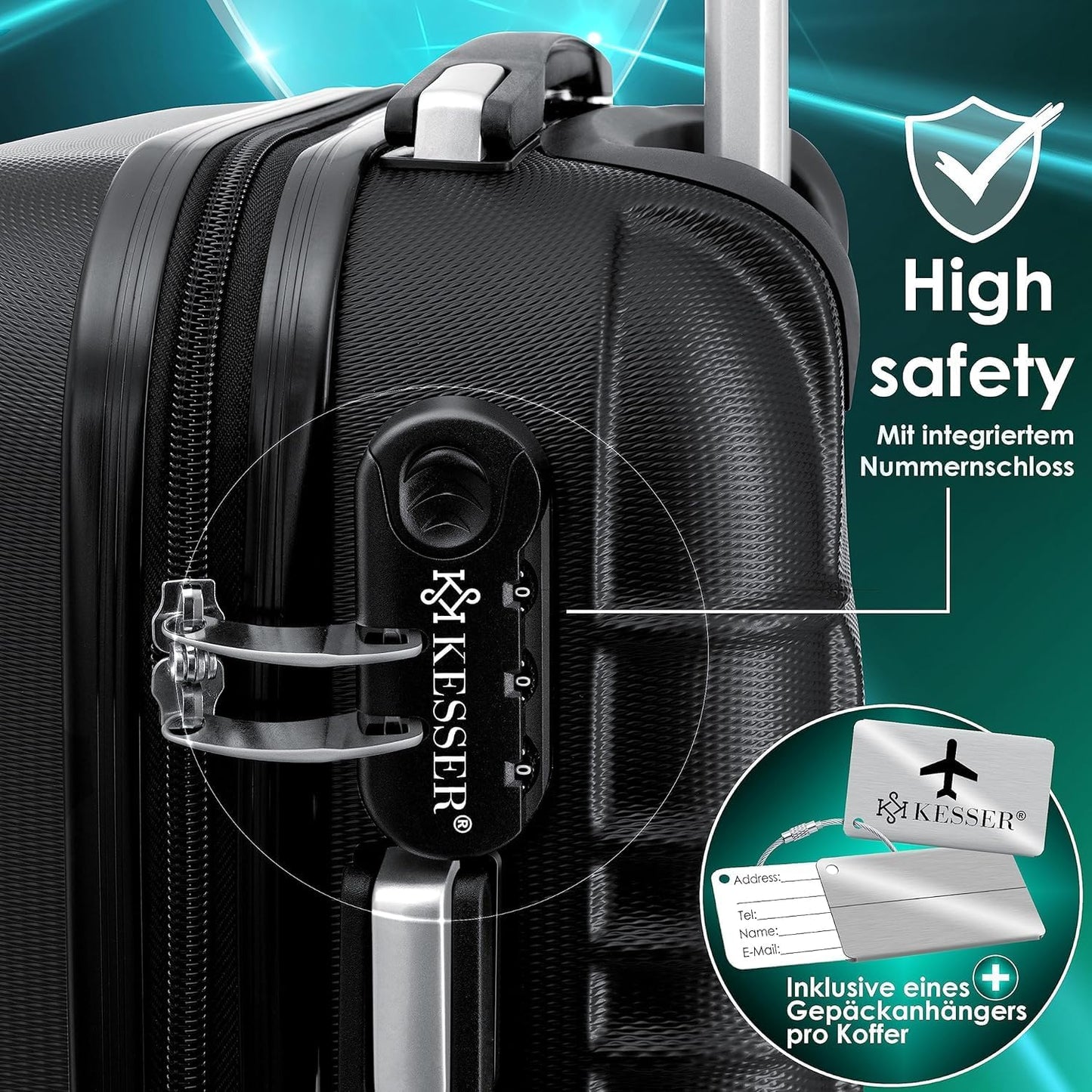 Handgepäck Koffer mit Kofferwaage & Zahlenschloss, Handgepäck 55cm - 55L / Schwarz