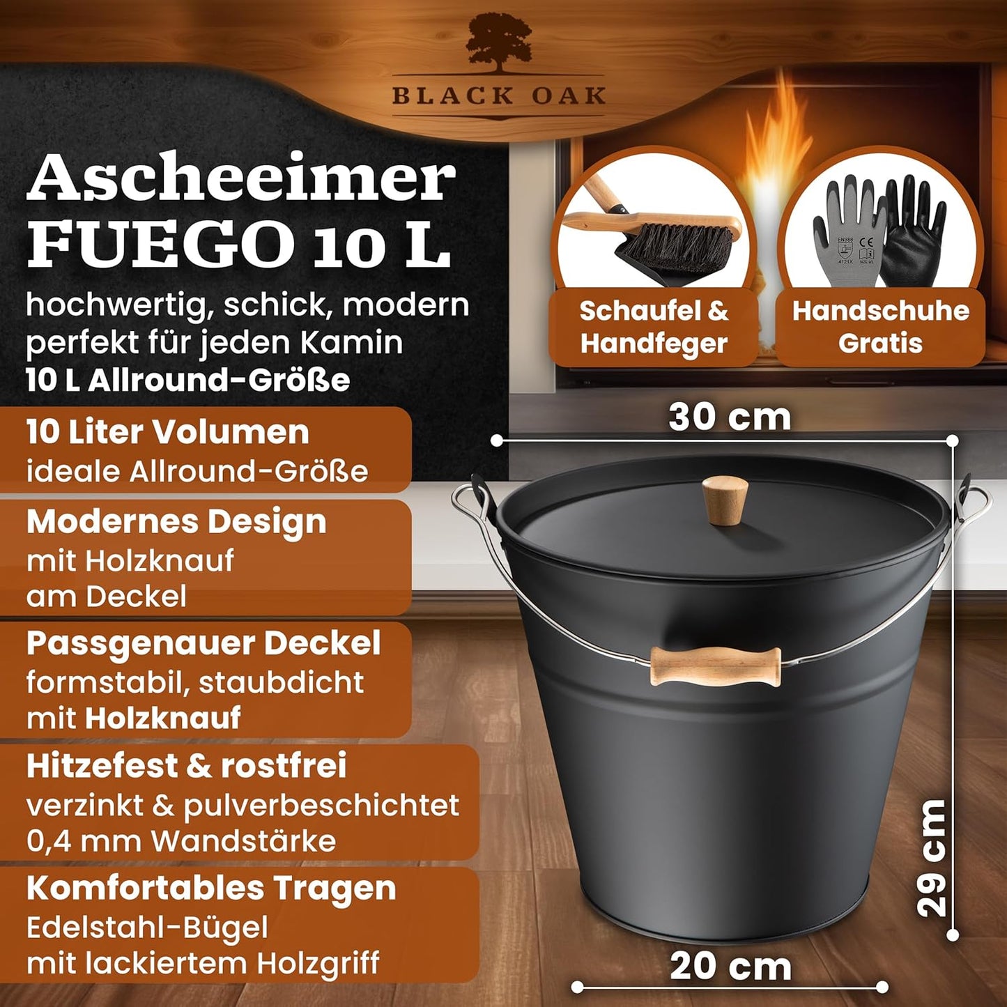 Ascheeimer Set, Fuego 10L Eimer + Kehrset