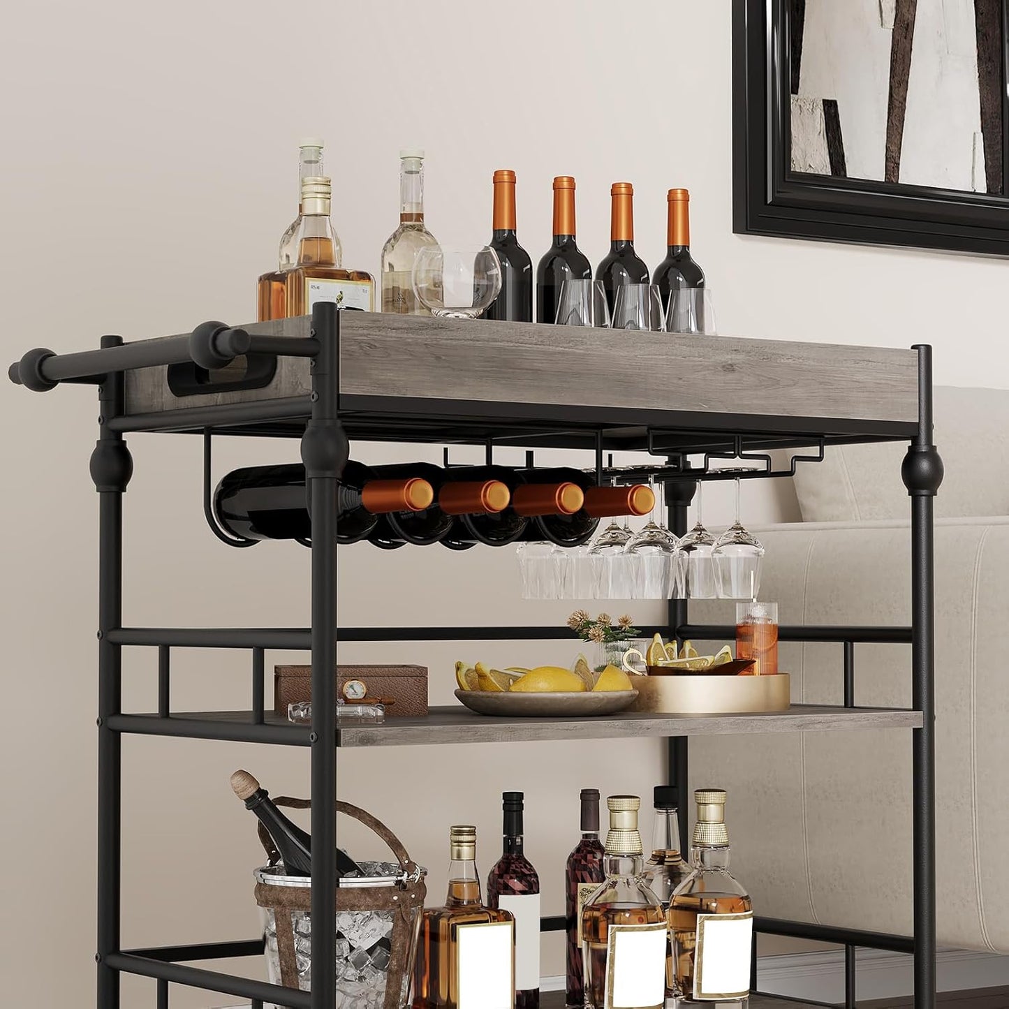 Servierwagen mit Weinregal und abnehmbarem Tablett, Grau