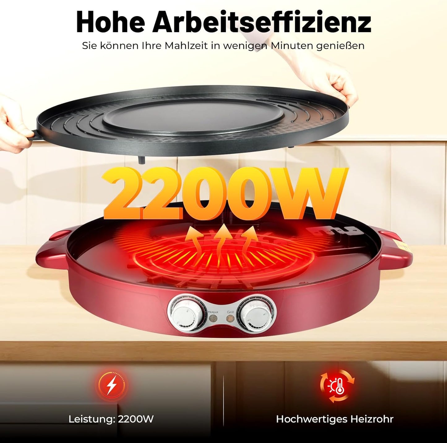 Elektrischer Hot Pot & Grill 2-in-1, Rot
