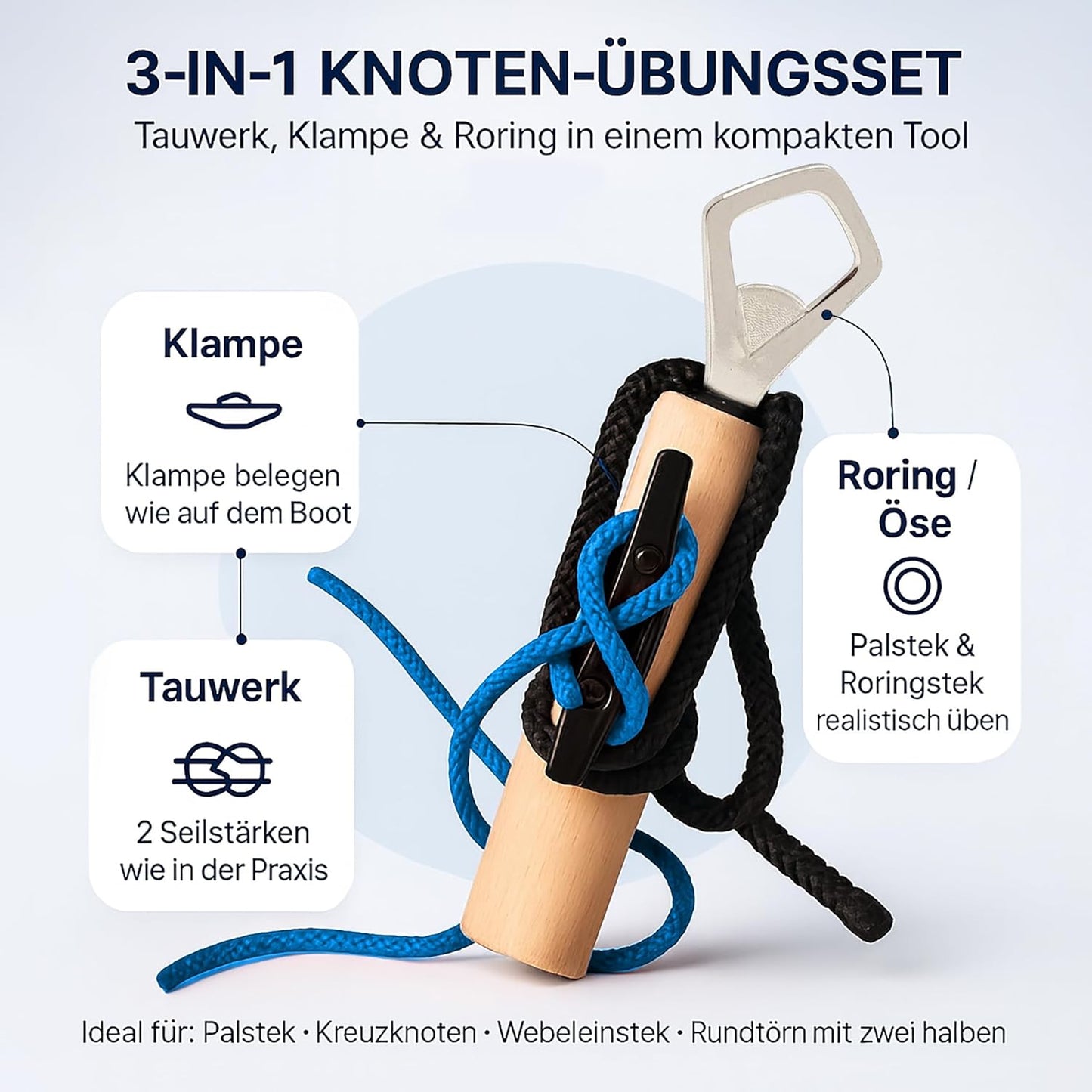 Knoten-Übungsset für Bootsführerschein & Feuerwehr, Schwarz/Blau mit Flaschenöffner