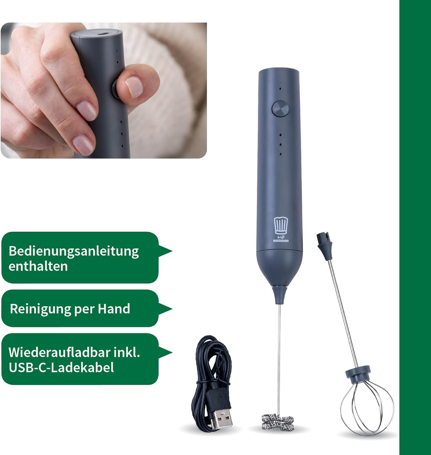 Elektrischer Milchaufschäumer mit USB-C-Aufladung und Schneebesen