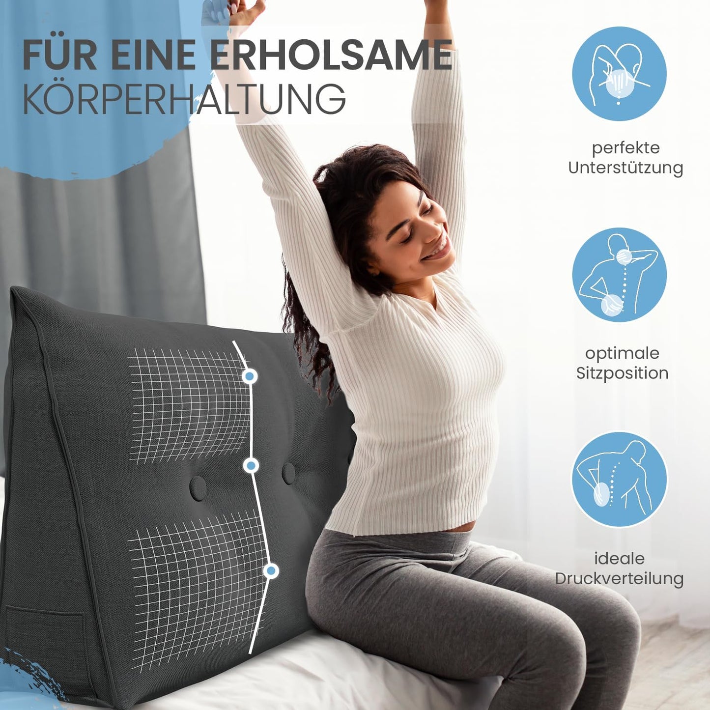 Rückenkissen mit Seitentaschen und abnehmbarem Bezug, Anthrazit 100 cm