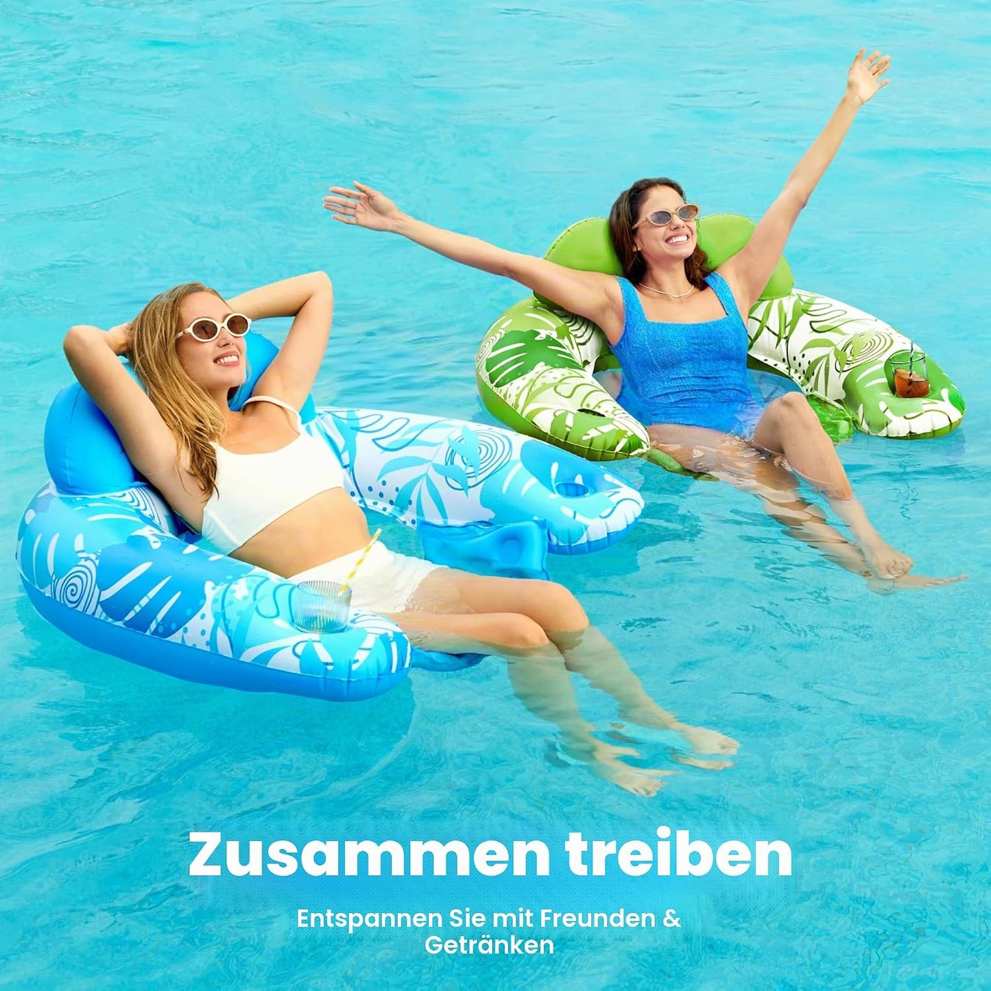 Aufblasbare Pool-Flösse mit Getränkehaltern, 2er-Set, Blau, Grün