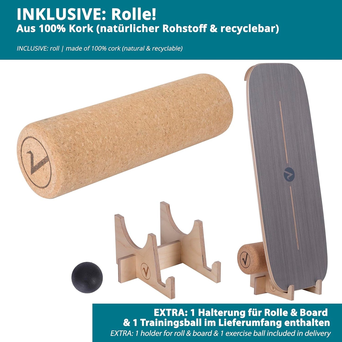Balance Board aus Holz mit Rolle & Zubehör, Allround Shape Grau