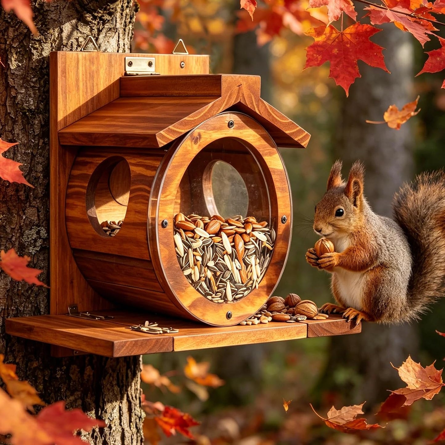 Eichhörnchen Futterhaus mit Fenster, wetterfestes Holz