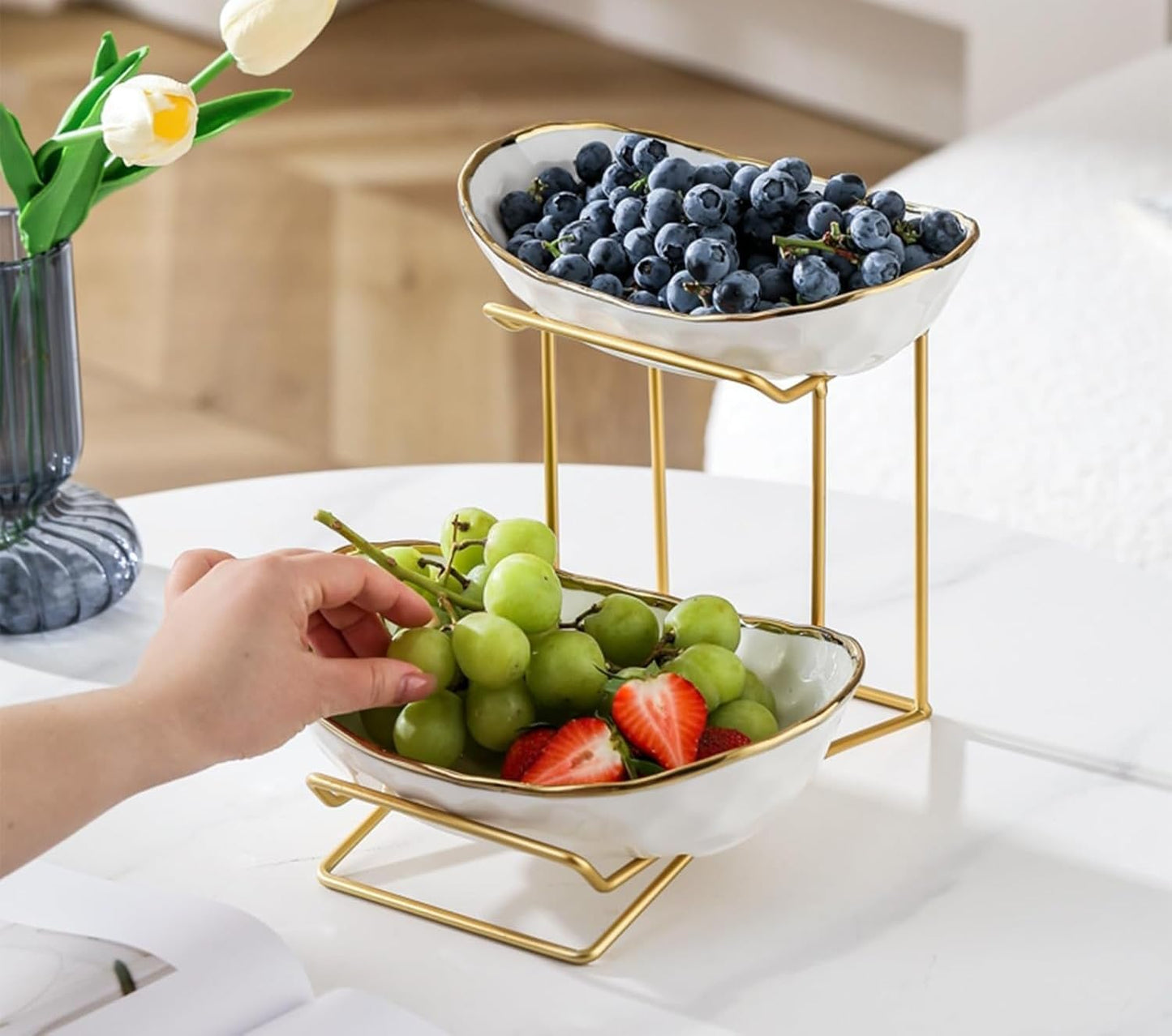 2-stöckige Keramik Obst Etagere mit Metallständer, Gold-weiss-2schale