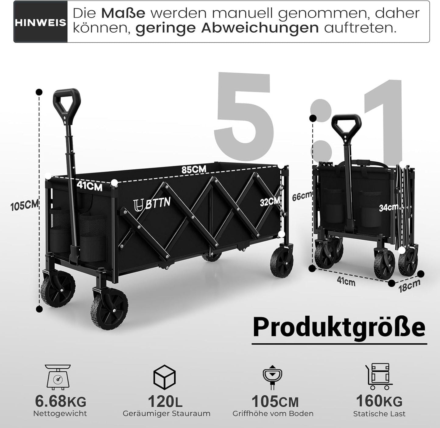 Klappbarer Bollerwagen, 120 Liter