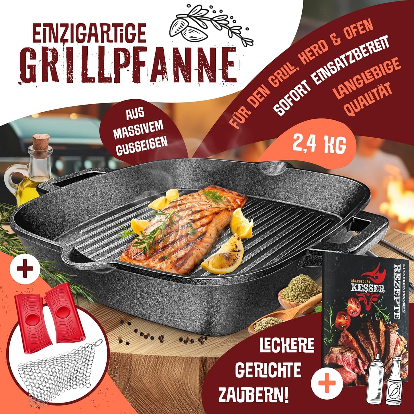 Gusseisen Grillpfanne, 26 cm Eckig