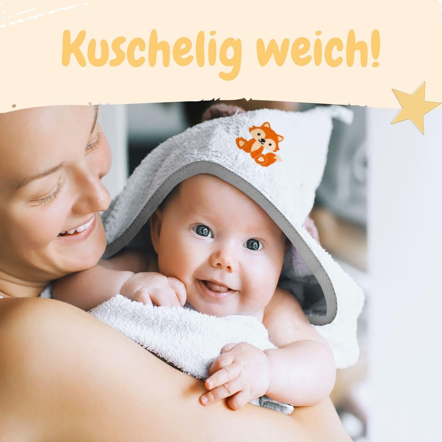 3-teiliges Baby Kapuzenhandtuch-Set mit Waschlappen, Fuchs-Motiv, 100 x 100 cm, Fuchs Weiß 100 x 100